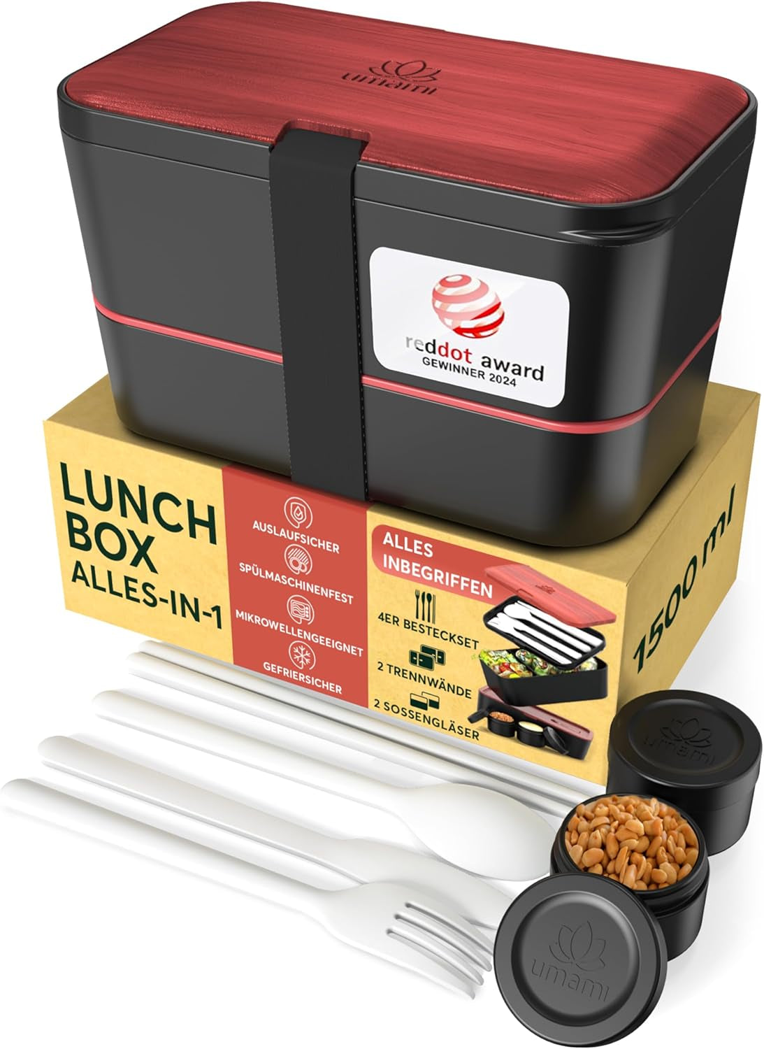 Umami Lunchbox för vuxna, 4 bestick och fack Läcksäker staplingsbar Bento-låda, vuxenlunchbox, To-go-salladsbehållare, picknick-/skrivbordslunchbox, kolgrå, 1500 ml Naty Shop Matförvaringslådor svart rosenträ L - 1500 ml staplingsbar inuti varandra