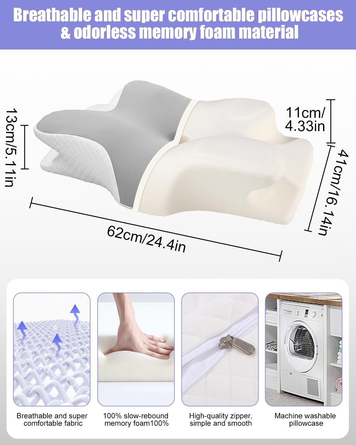 Nackkudde, sidostödskudde, kudde med memory foam, ortopedisk kudde, ergonomisk nackstödskudde för optimalt stöd Rygg- och magsidokudde (62 X 41 X 13 cm) Cervikala ortopediska kuddar Naty Shop