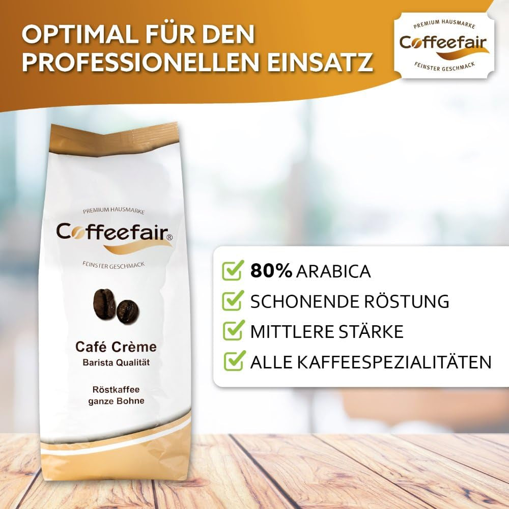Coffeefair Cafe Creme Kaffeebohnen i Barista Qualität - 1 kg för Kaffeevollautomaten, Mischbohne för Kaffee eller Espresso verwendbar, schonende Trommelröstung