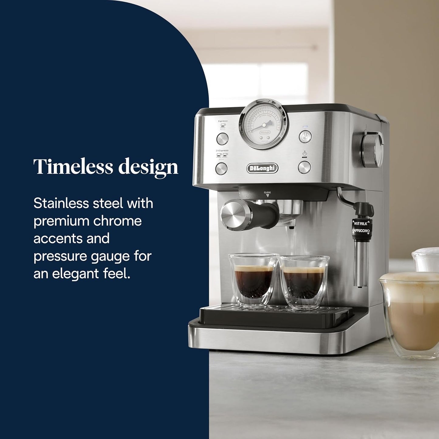 De'Longhi Classic EM450.M portafilter espressomaskin med professionell mjölkskummare, helmetallhölje, 15 bar, 1,7 l vattentank, rostfritt stål/metall