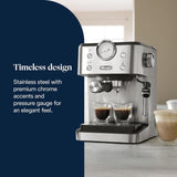 De'Longhi Classic EM450.M portafilter espressomaskin med professionell mjölkskummare, helmetallhölje, 15 bar, 1,7 l vattentank, rostfritt stål/metall