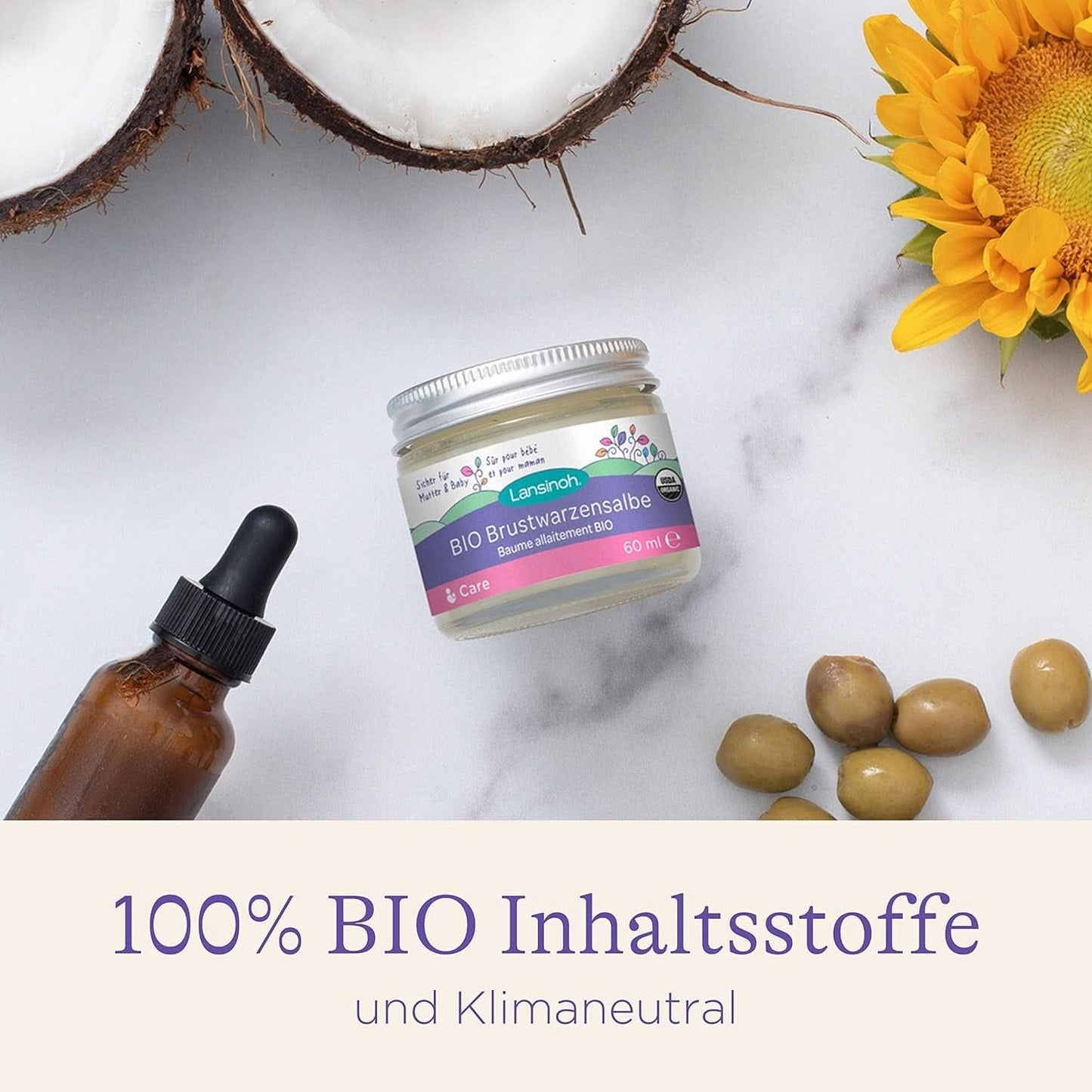 Lansinoh BIO Brustwarzensalbe, 60 Ml - Natürliche Pflege Empfindlicher Brustwarzen Und Trockener Haut - Klimaneutral Tillbehör Mat och amning Baby Naty Shop
