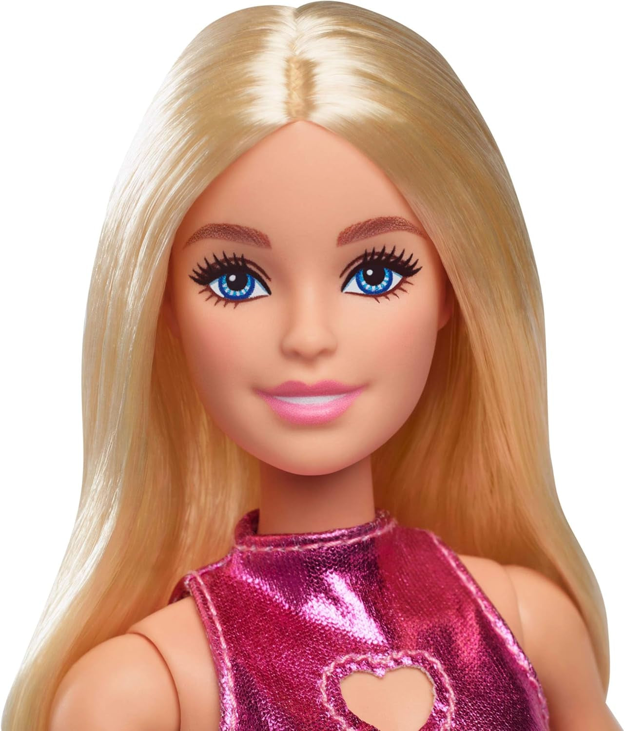 Barbie Fashionistas docka nr. 230 med blont hår, rosa metallic miniklänning med hjärtat, vitt armband och höga klackar, HYT88
