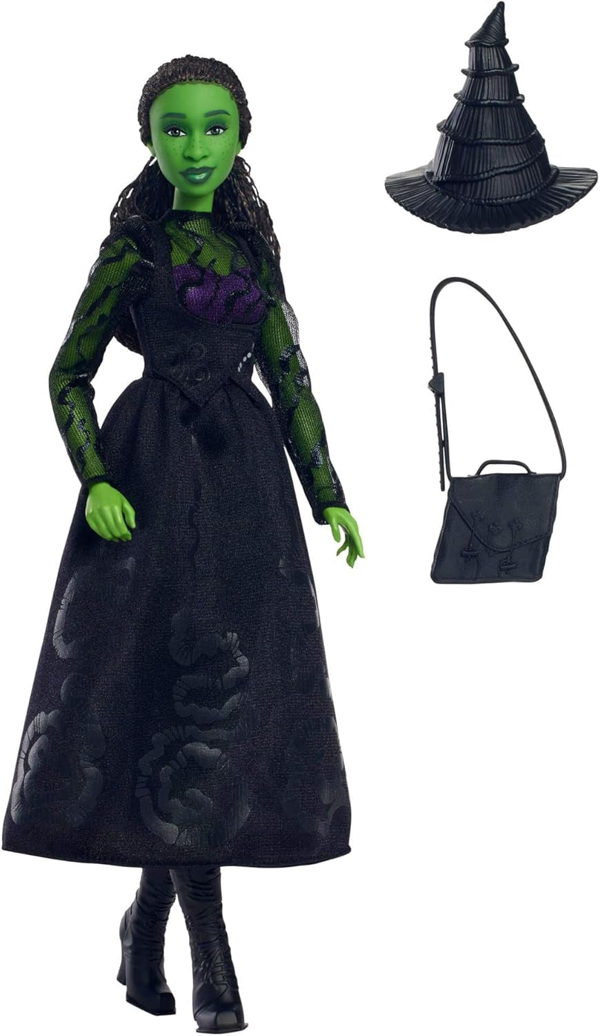 Mattel Wicked Elphaba modedocka och accessoarer med grön hud, svart flätat hår, olika möjliga poser och avtagbar balklänning, HXT62, [Multicolor]