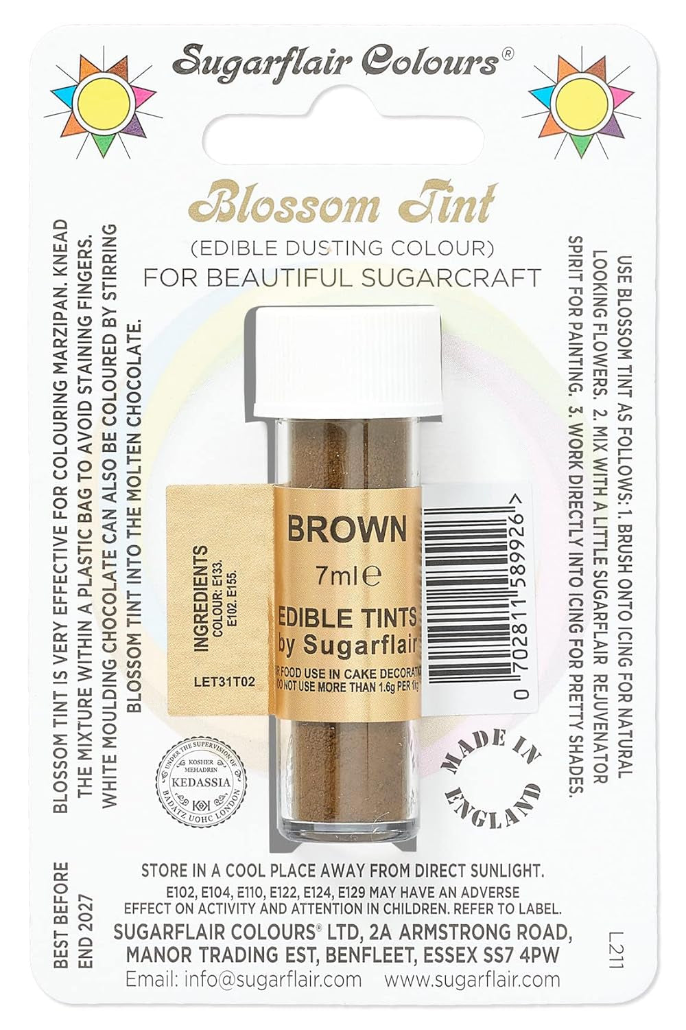 Livsmedelsfärgpulver Sugarflair Blossom Tint Dammbrun - Livsmedelsfärgpulver för dekoration av färgad sockerpasta, fondant, glasyr, choklad, smörkräm, makroner - 7 ml