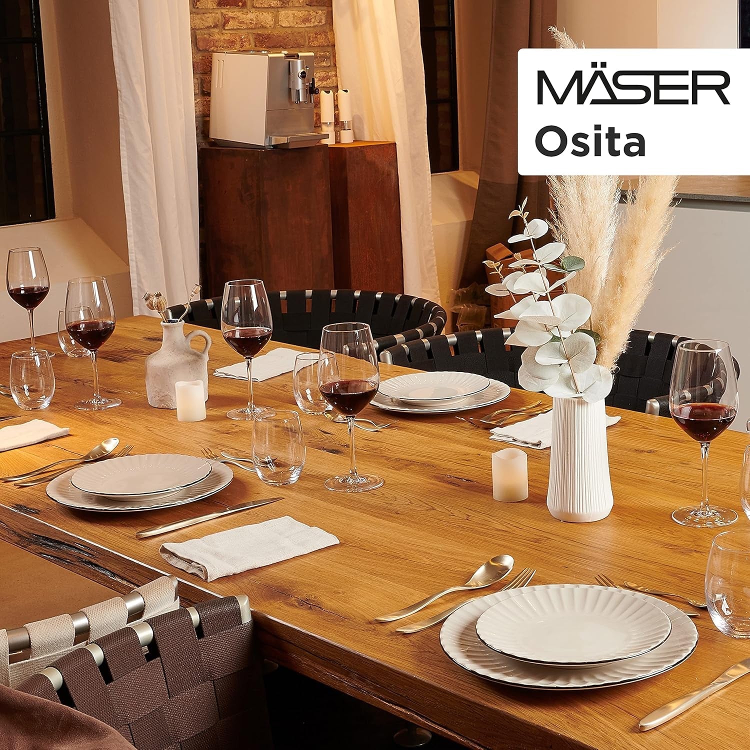 MÄSER 931967 Osita Retro Series 6-personers Wave servisset, 18-delade runda servisset, mattallrikar, desserttallrikar och flingskålar, keramik, krämvit