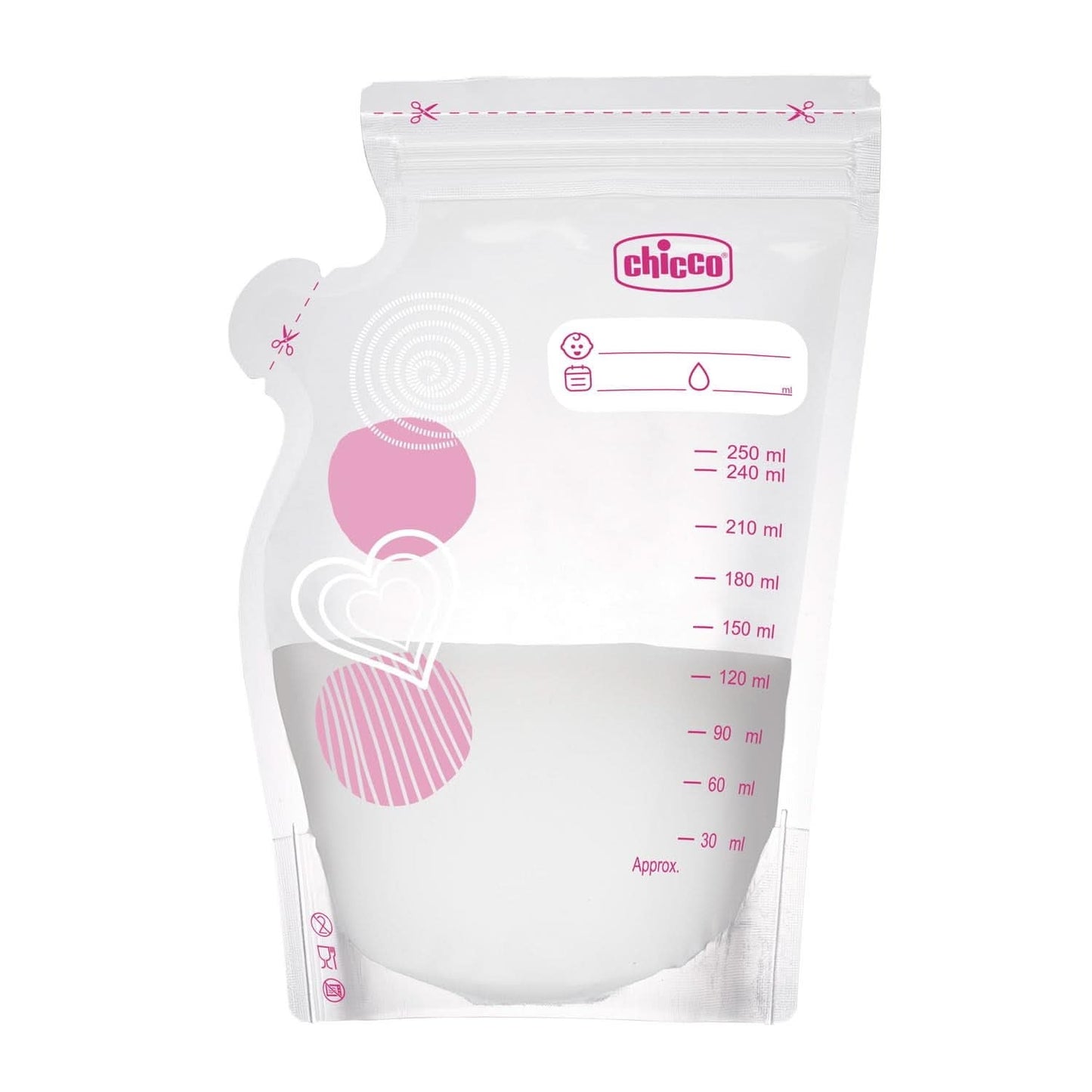 Chicco mjölkpåse med 30 bitar, Läcksäker, 250 ml Tillbehör Mat och Amning Bebe Naty Shop