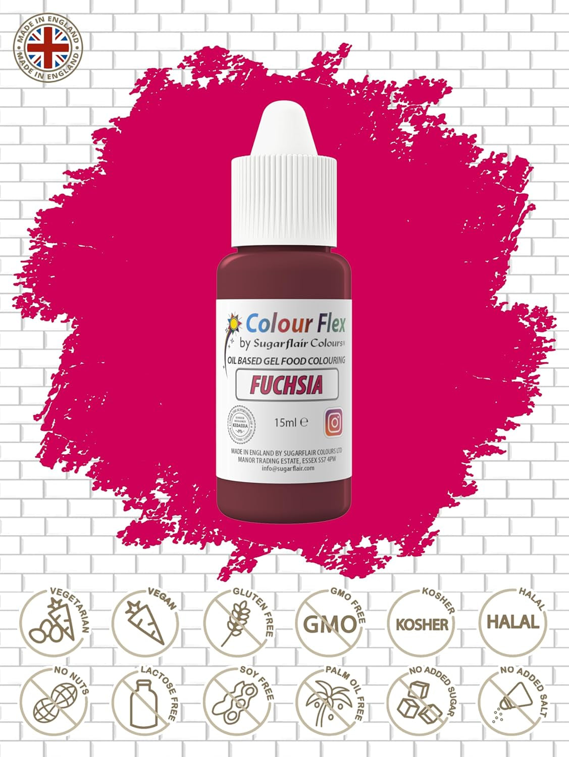 Sugarflair Colourflex Fuchsia oljebaserad matfärgning, högkoncentrerad flytande livsmedelsfärg, matfärg för smörkräm, choklad, deg, fondant, glasyr och mer - 15 ml