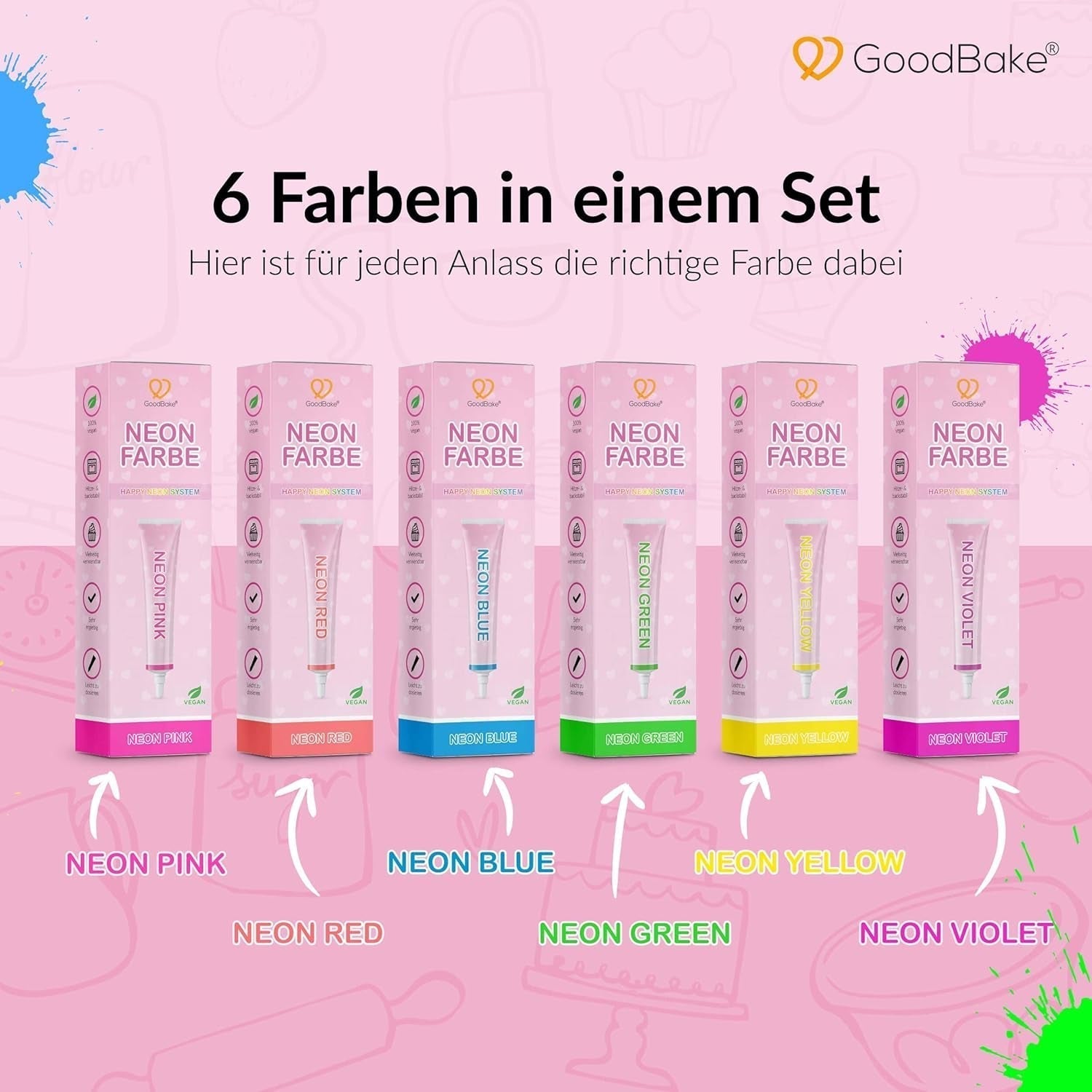 Goodbake Neonlebensmittelfarben 6 Farben Set – Intensiv Lebensmittelfarbe – Lebensmittelfarbpaste – Zum Einfärben Von Torten, Fondant, Buttercreme Uvm. – 100 % vegansk Naty Shop