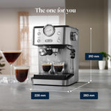 De'Longhi Classic EM450.M portafilter espressomaskin med professionell mjölkskummare, helmetallhölje, 15 bar, 1,7 l vattentank, rostfritt stål/metall
