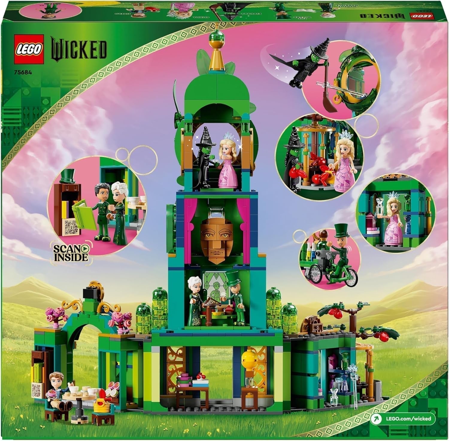 LEGO Wicked Välkommen till Emerald City tornleksak, Glinda och Elphaba minidockor, present till filmfantaster och tjejer och pojkar från 9 år som älskar dockskåp 75684 Byggset Besuche den LEGO-Store