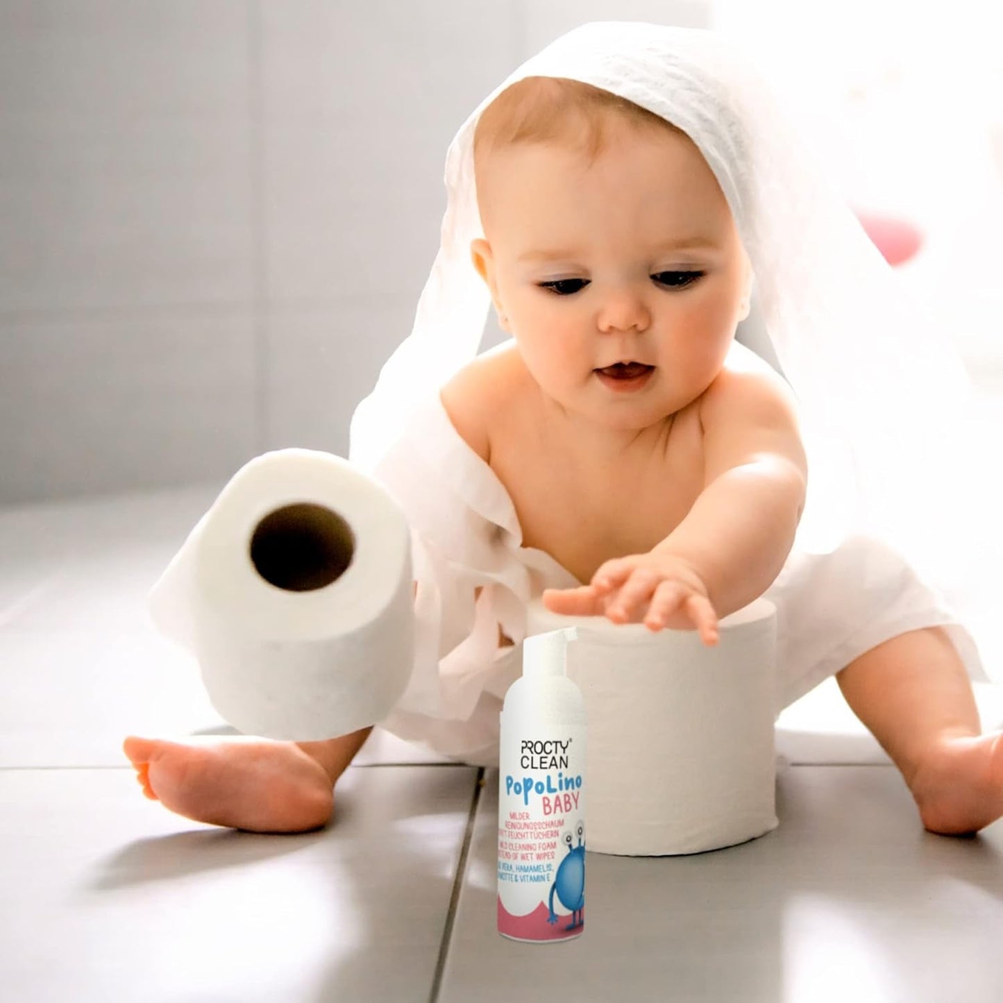 PopoLino Baby mjukt bottenskum istället för våta babyservetter. Veganskt och naturligt kosmetiskt rengöringsskum! Bottenskum med aloe vera, trollhassel, bergamott och vitamin E. Gör bottnar och miljön glad.