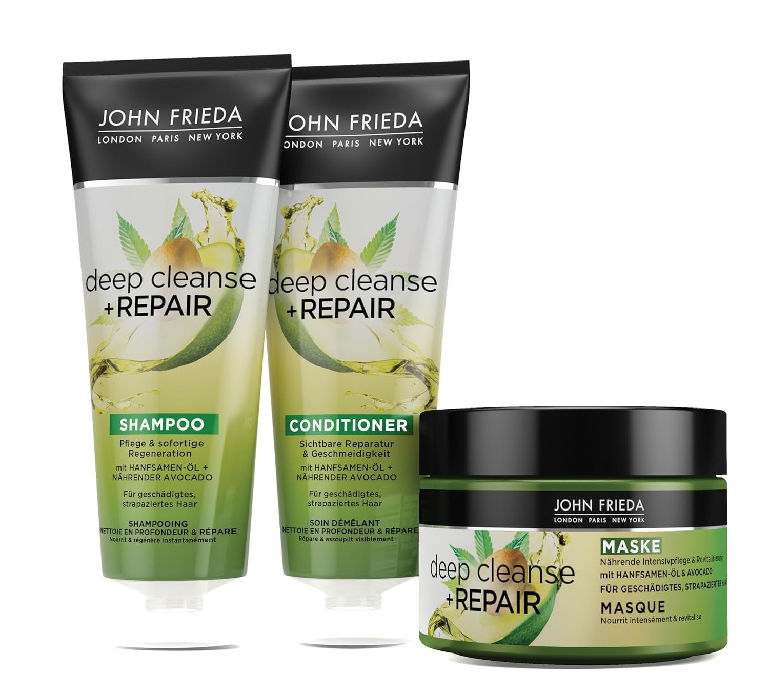 John Frieda - Deep Cleanse & Repair Mask / Treatment - Innehåll: 250 ml - Med hampfröolja + närande avokado - Lugnande hårmask för skadat hår Naty Shop hårmask