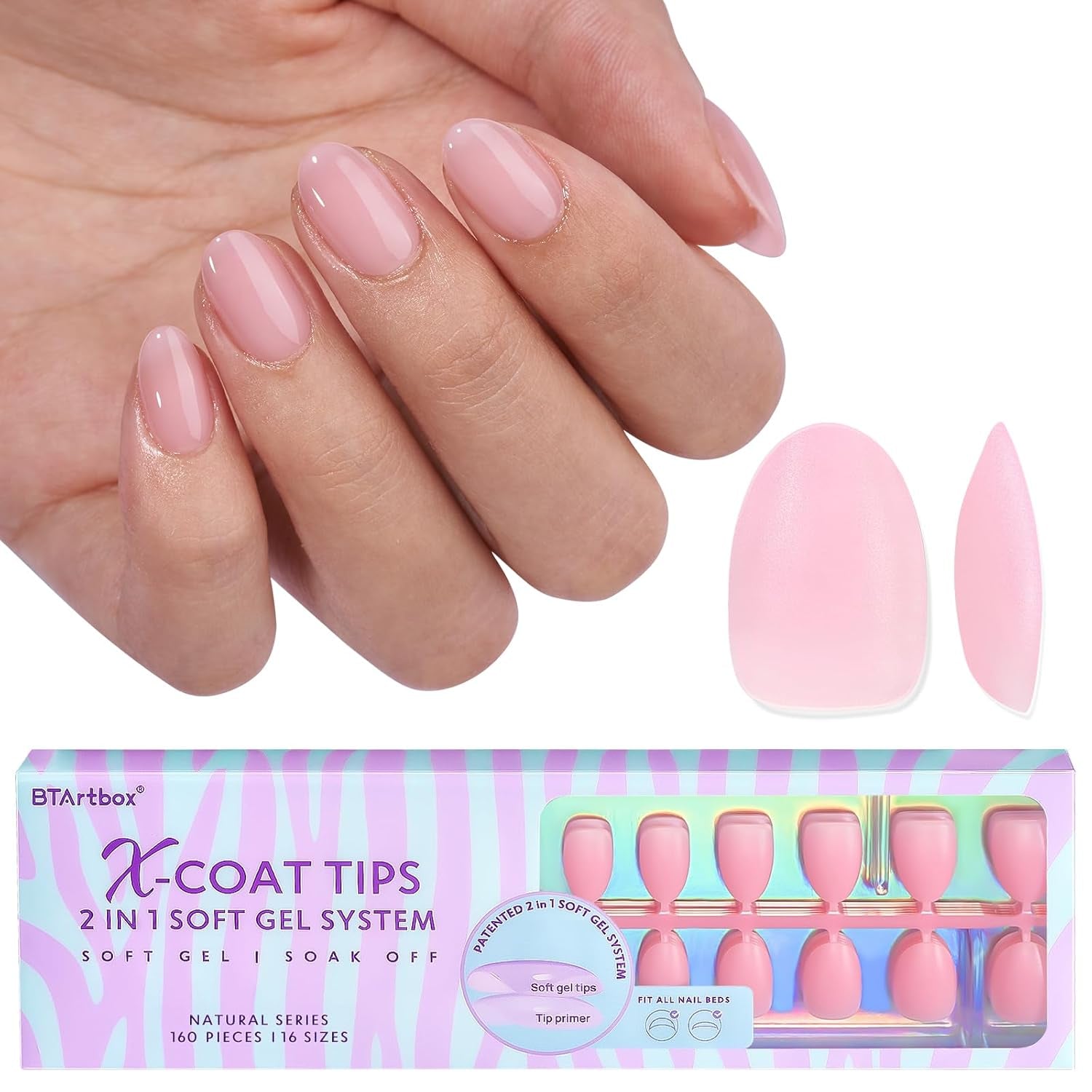Btartbox Extra Korta Soft Gel Nails Heltäckande Mandel Korta Nagelspetsar 160 st Fördesignade XCOATTIPS konstgjorda naglar Mandel Korta nageltips för nagelförlängning