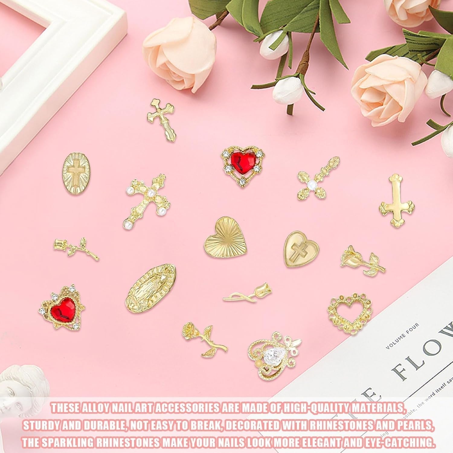 Guld Nail Charms 80st Cross Rose Heart Virgin Mary Nail Gems Metalllegering Nageltillbehör för manikyr Designdekorationer DIY-hantverk