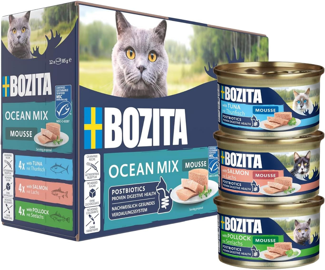 Bozita Mousse Ocean Mix - 12 x 85 g våt kattmat med tonfisk, lax eller gul torsk - spannmålsfri, sockerfri och konstgjorda färger - med postbiotika för en hälsosam tarmflora