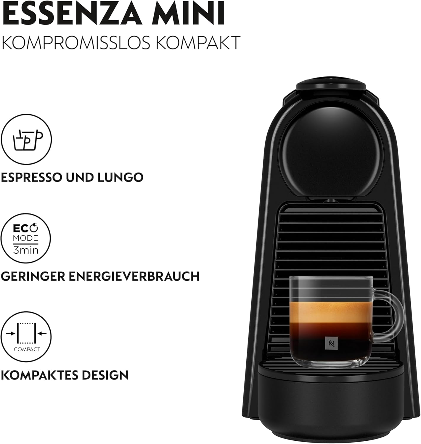 Espressomaskin med Nespresso De'Longhi Essenza Mini-kapslar, svart | Pumptryck 19 bar | Vattentank 0,6 l | För espresso och lungo | Liten espressomaskin – Fantastiska kaffestunder | EN85.B