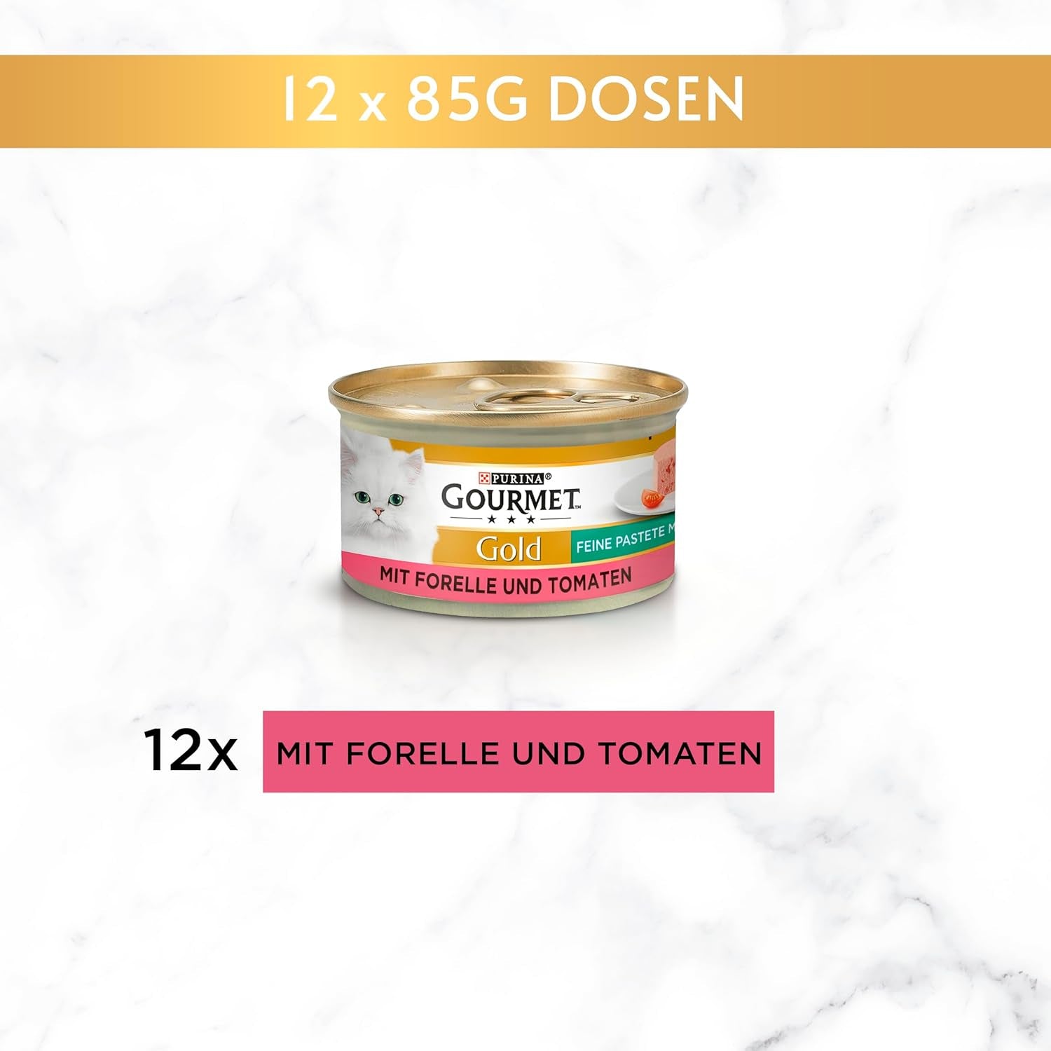Fine Pate Gourmet Gold med grönsaker, blöt kattmat med öring och tomat, förpackning om 12 (12 x 85 g)