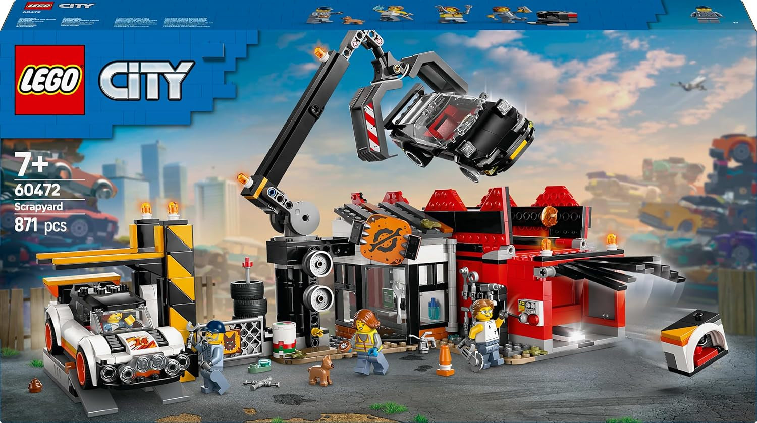 LEGO City skrotgård med bilar - leksak med skrotpress och kran, 2 leksaksbilar, 4 fungerande minifigurer och kontorsbyggnad - födelsedagspresenter för pojkar och flickor från 8 år 60472 Besuche den LEGO-Store byggset