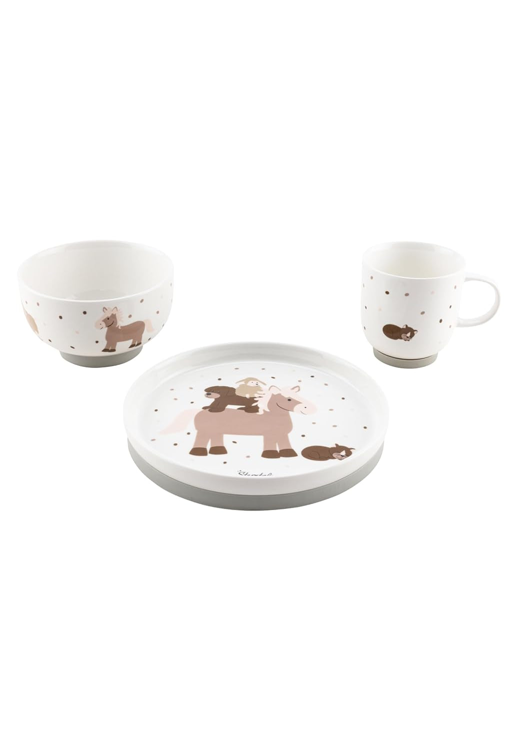 Sterntaler porslin servisset rustik design - halkfri och löstagbar silikonbas servisset - baby & barn servis med tallrik, 400 ml skål och 200 ml mugg, vit