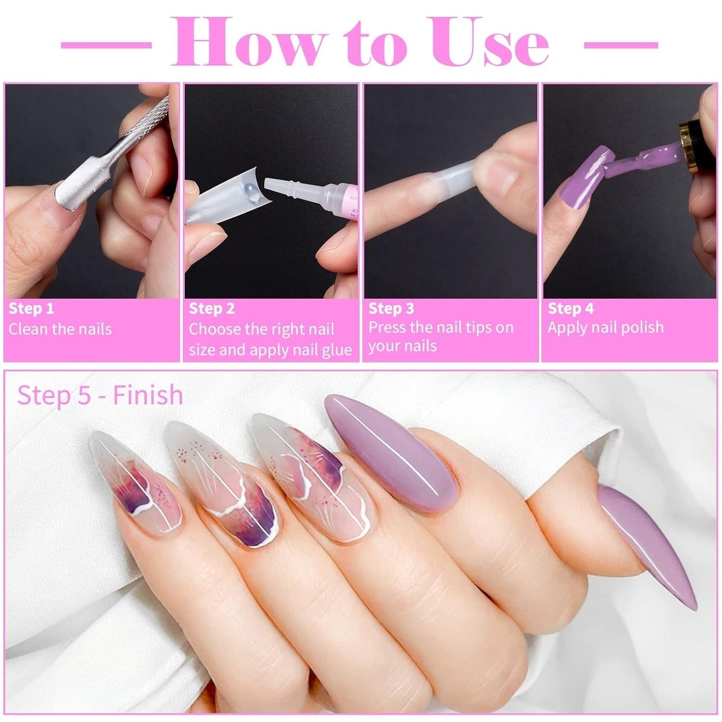 500st franska konstgjorda nagelspetsar Akryl Nagelspetsar Set Nagelförlängningar Nagelspetsar Falska nageltillbehör med 4st Nageldesign lim Gel Nails Natural