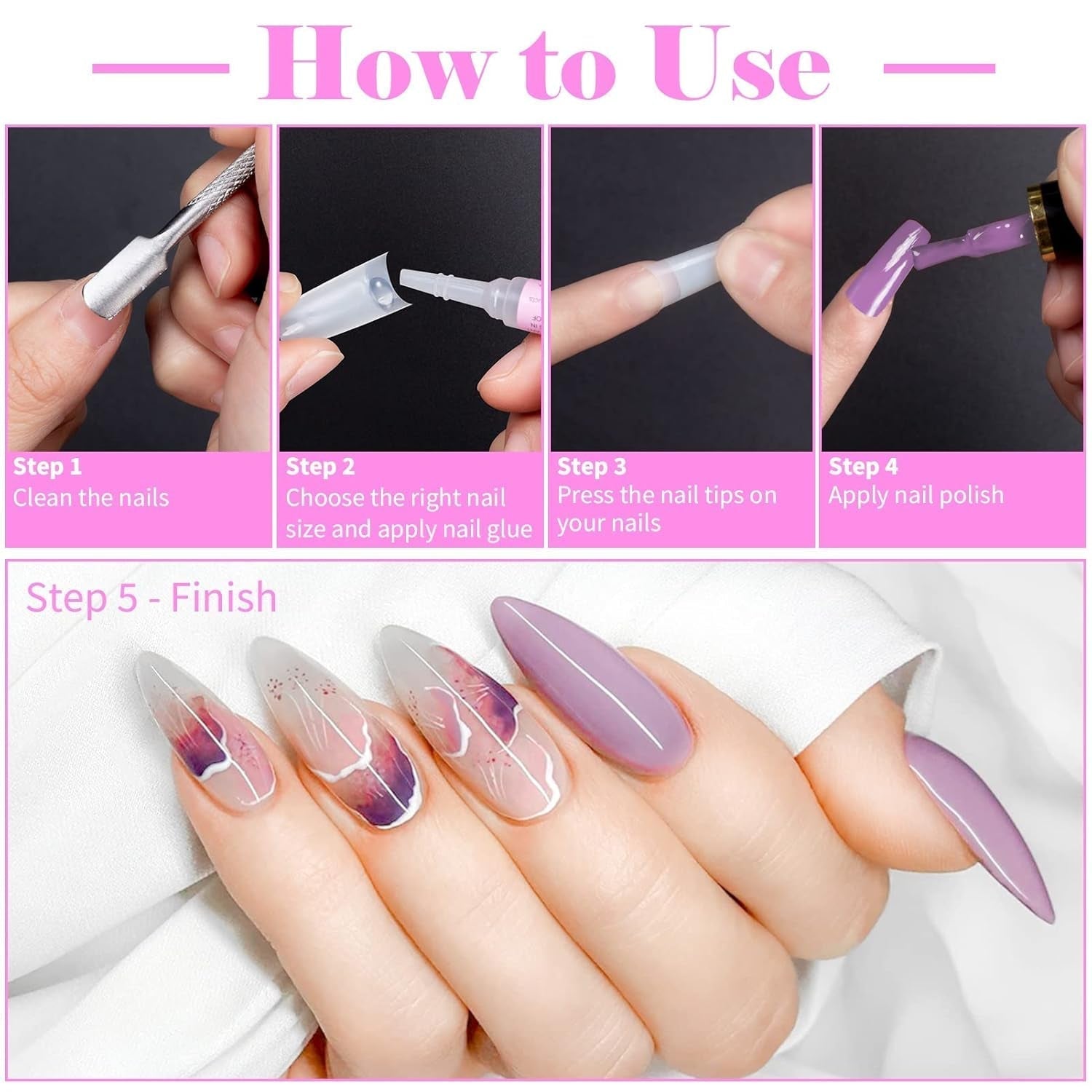500st franska konstgjorda nagelspetsar Akryl Nagelspetsar Set Nagelförlängningar Nagelspetsar Falska nageltillbehör med 4st Nageldesign lim Gel Nails Natural