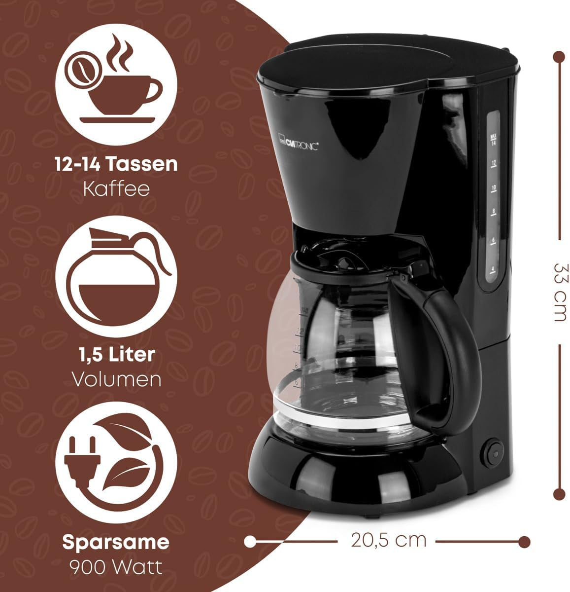 Clatronic® espressomaskin | Automatisk espressomaskin för 12-14 koppar (ca 1,5 liter) | Espressomaskin med filter och anti-droppsystem | 900W | Espressor KA 3473 Svart