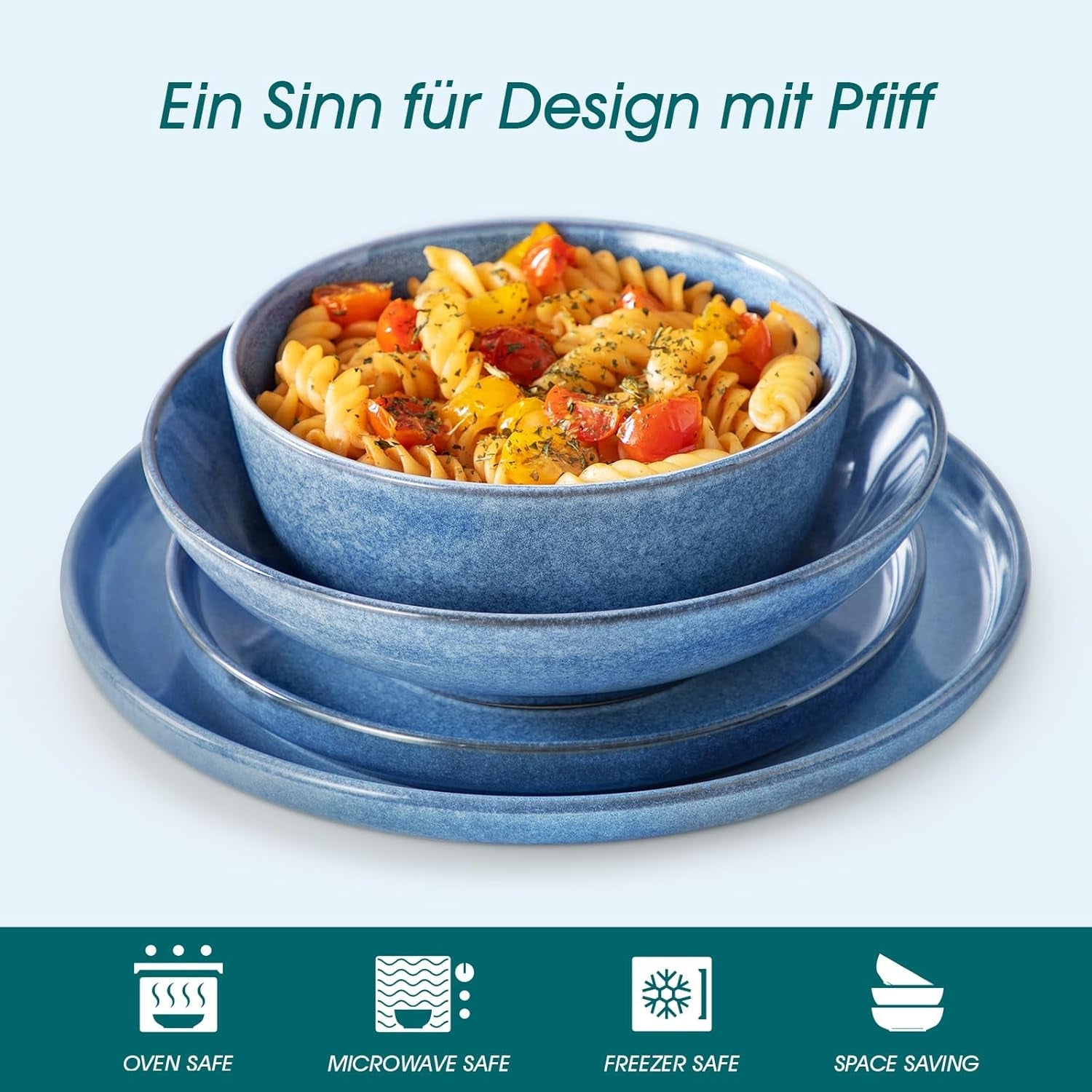 Steingut Geschirrset 6 Personen, vancasso ANYA Blau Teller Set Modern 24 teilig, Tafelservice mit Speiseteller, Suppenteller, Desserttellern, Schüsseln, Geschirr Set Spülmaschinen und Mikrowellenfest