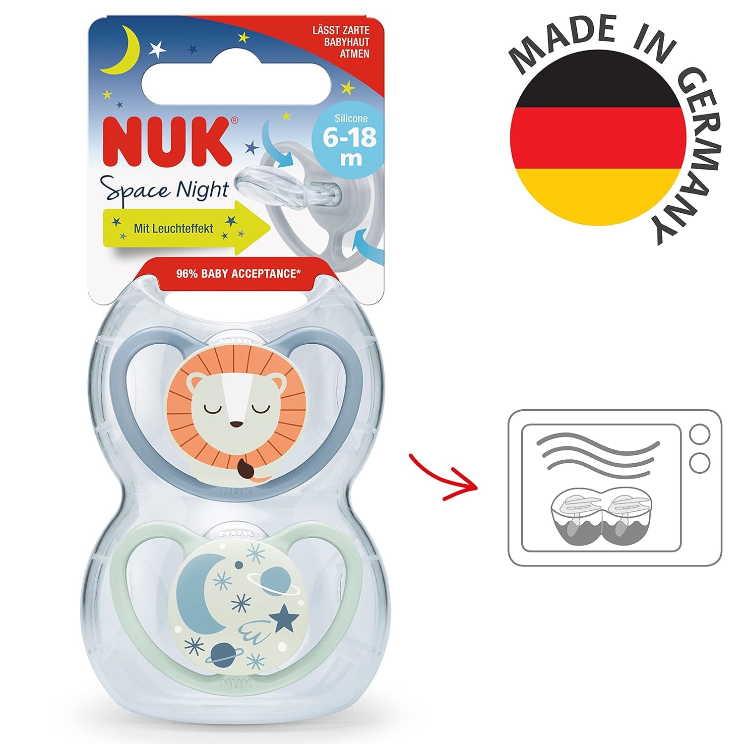 Napp NUK Space Night | 6-18 månader | Nappar med extra stora ventilationsöppningar, lyser i mörkret | Silikon utan BPA | Räv och nyckelpiga | Paket om 2