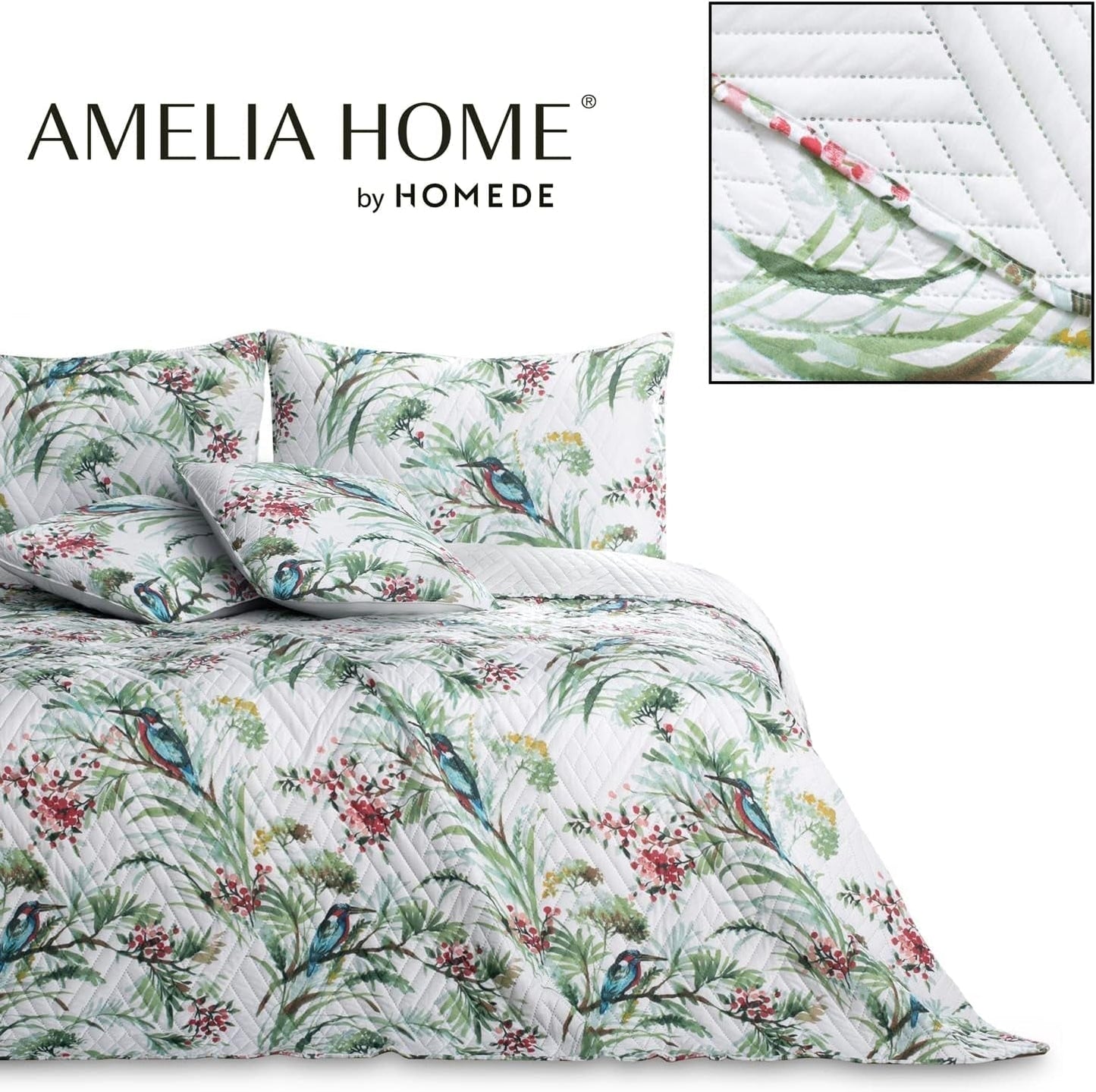 Ameliahome Överkast Överkast 260X280 Cm Dubbelsidig Lättskött Quiltväxtmönster Fågelmönster Flerfärgad Kingfisher Sängar och filtar Besuche den AmeliaHome-Store