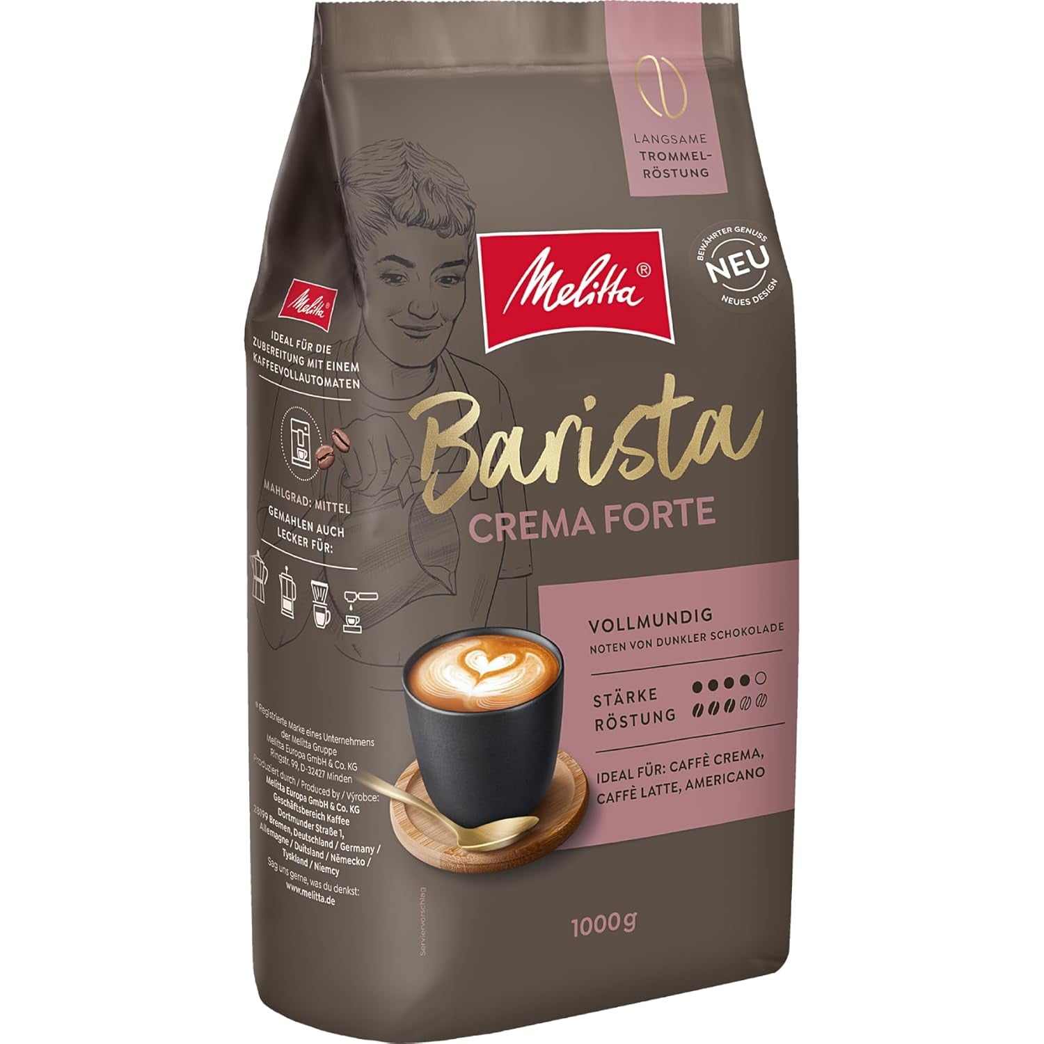 Melitta Barista Classic Crema Forte, Hel Kaffee-Bohnen 1kg, ungemahlen, Kaffeebohnen für Kaffee-Vollautomat, kräftige Röstung, Stärke 4
