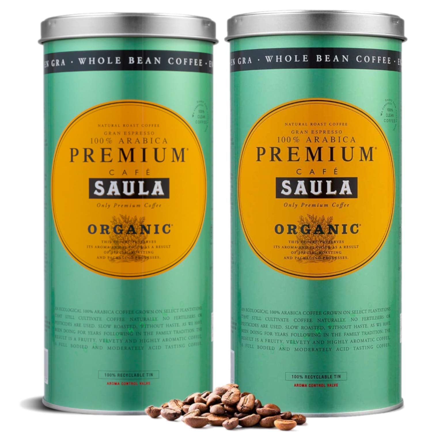 Saula premium coffee beans, pack of 2 boxes x 500g. 100% ekologisk Arabica