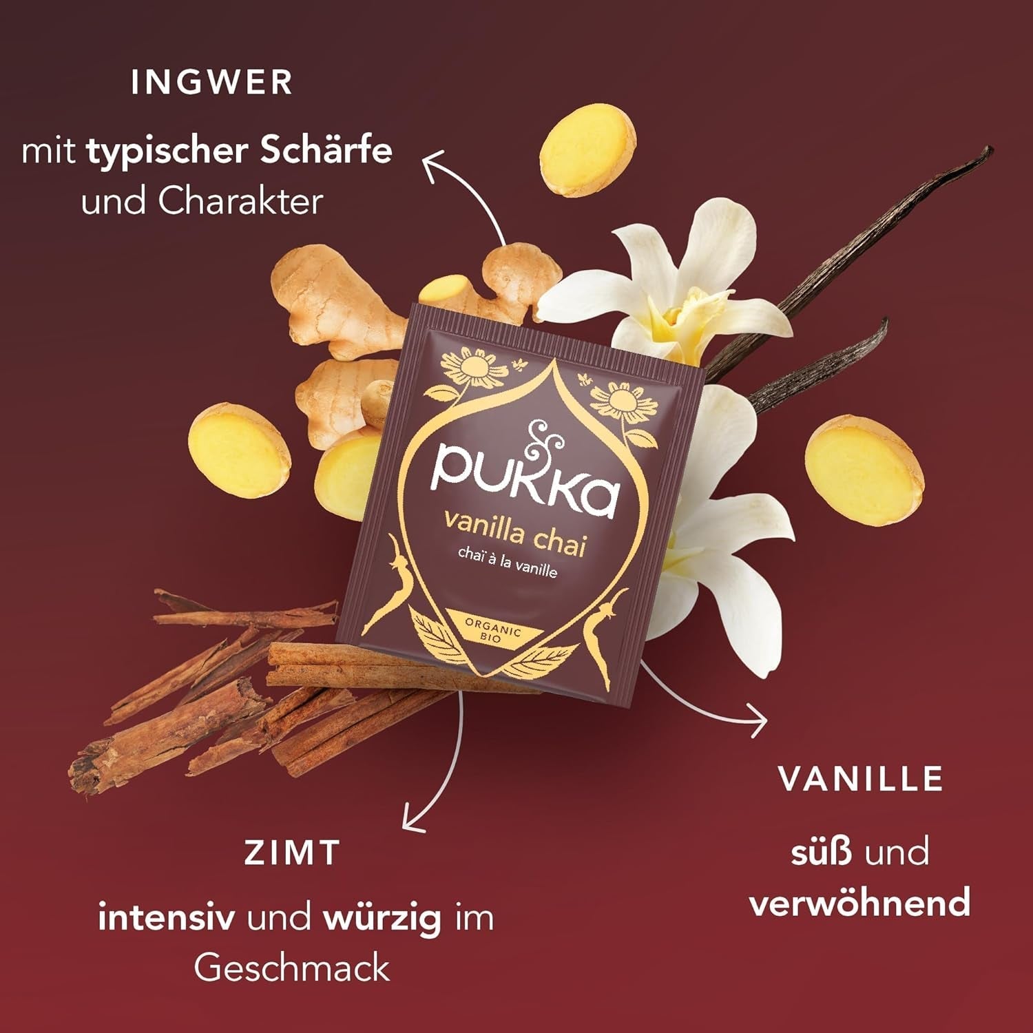 Pukka | Blandning av ekologiska smaksatta teer "Vanilla Chai" | Kanel, ingefära och vanilj | Te för en njutning med naturlig sötma | Förpackning om 1 | 20 tepåsar
