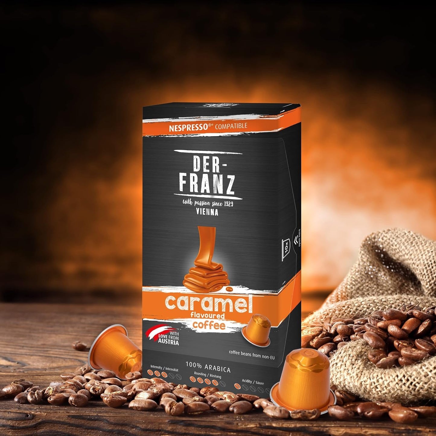 Der-Franz Nespresso-kompatibla kaffekapslar, 6 x 10 kapslar, Caramel Aroma, Medium Roast