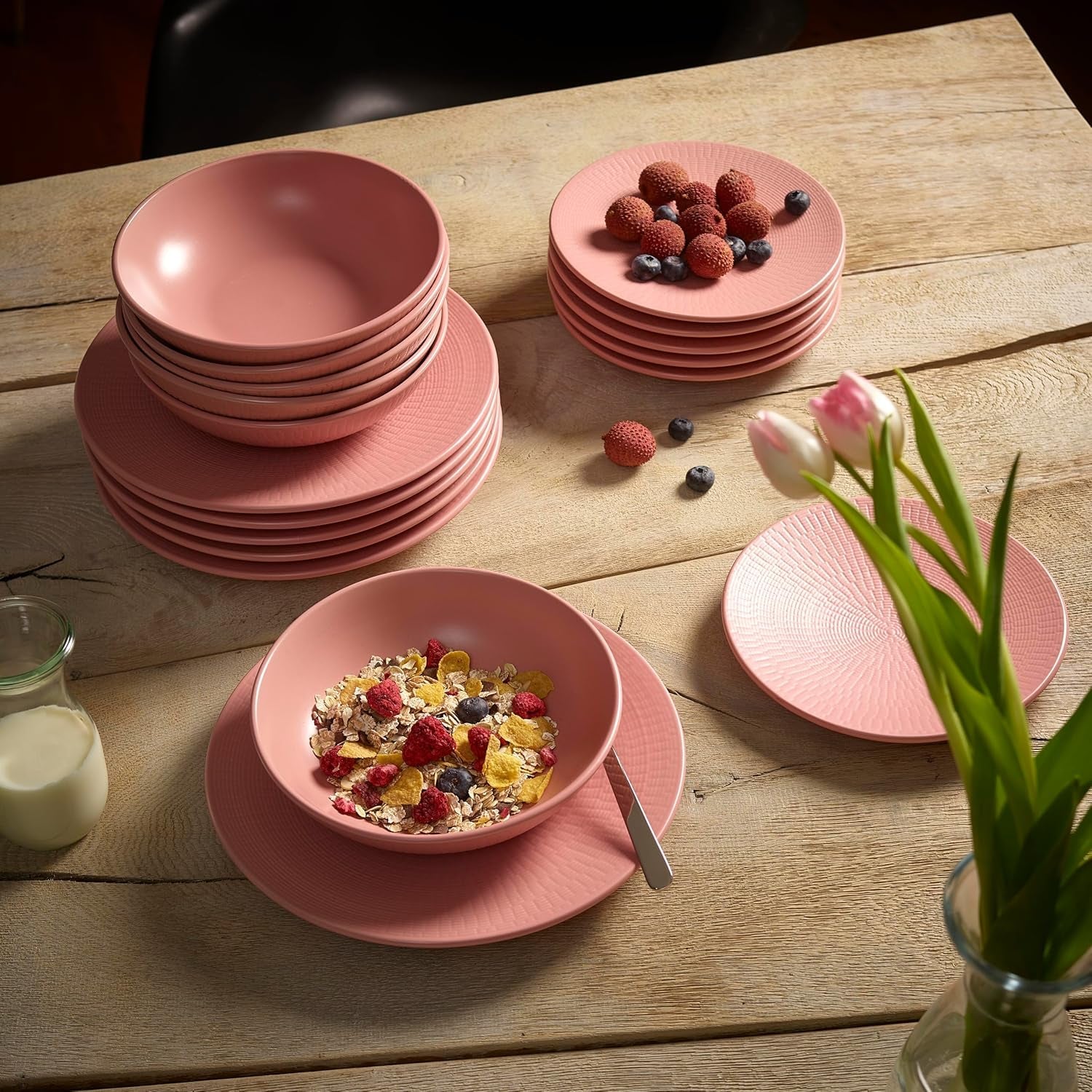 ECHTWERK Vintage servisset 12 delar naturlig design "Blanka" 4 personer elegant texturerat stengods servisset med 4 mattallrikar 4 sidotallrikar 4 mattallrikar Rosa