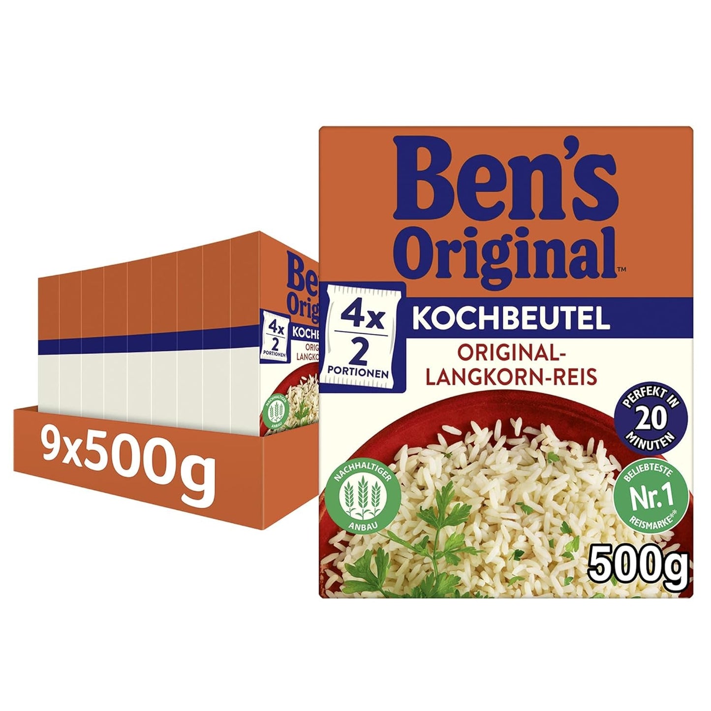BEN'S ORIGINAL™ långkornigt ris, kokt i påse, 9 x 500 g, 20 minuter