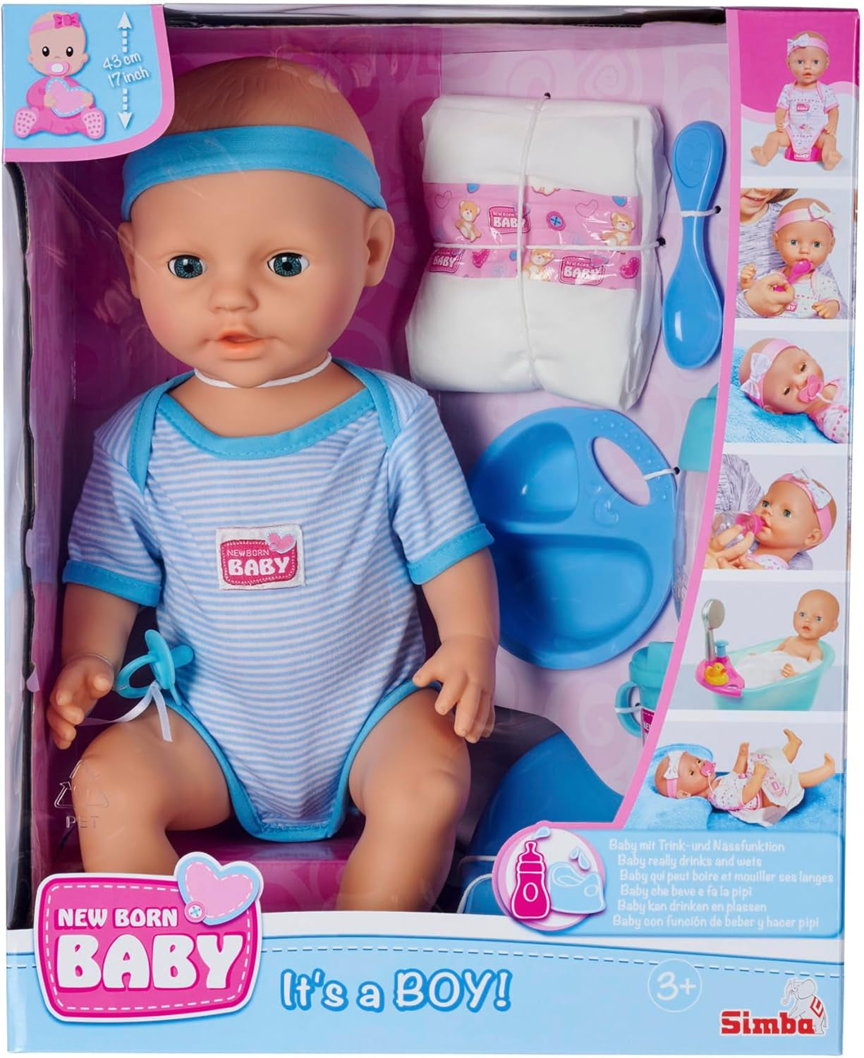 Simba 105030044 - Newborn Doll - Pojke, helvinyldocka med sovande ögon, dricks- och vätningsfunktion och tillbehör, 8 delar, 43 cm, babydocka, 3+