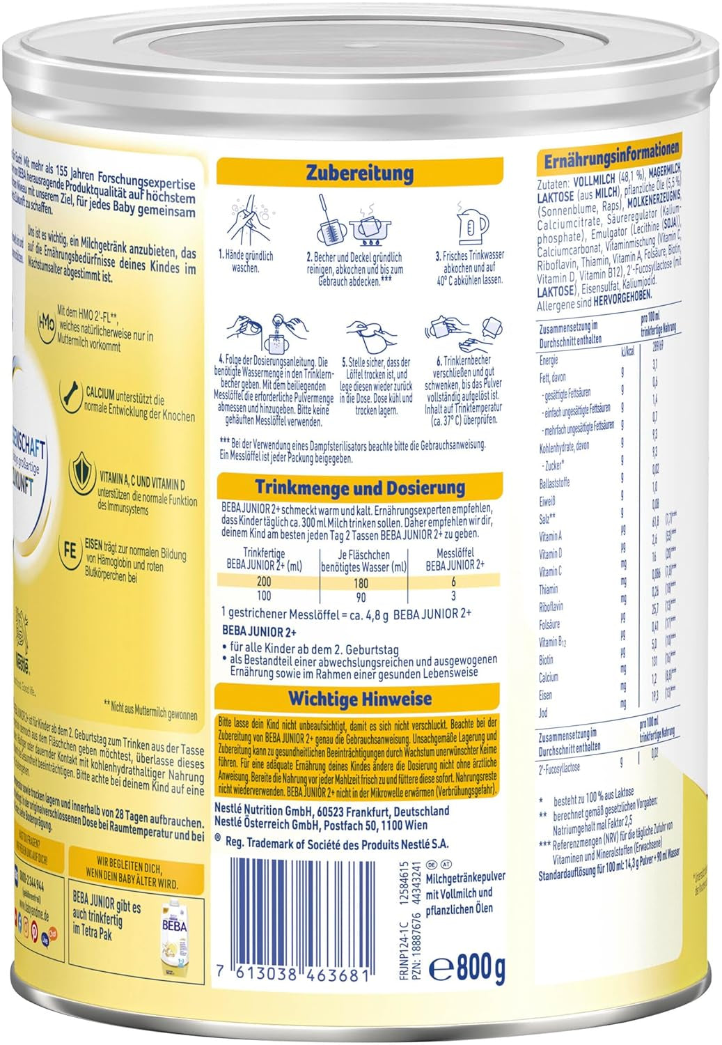 BEBA Junior 2+ mjölkdryck från 2 år, med HMO, åldersanpassat proteininnehåll, endast laktos, ingen palmolja, ingen fiskolja, småbarnsmat, babymjölkpulver, 3-pack (3 x 800g)