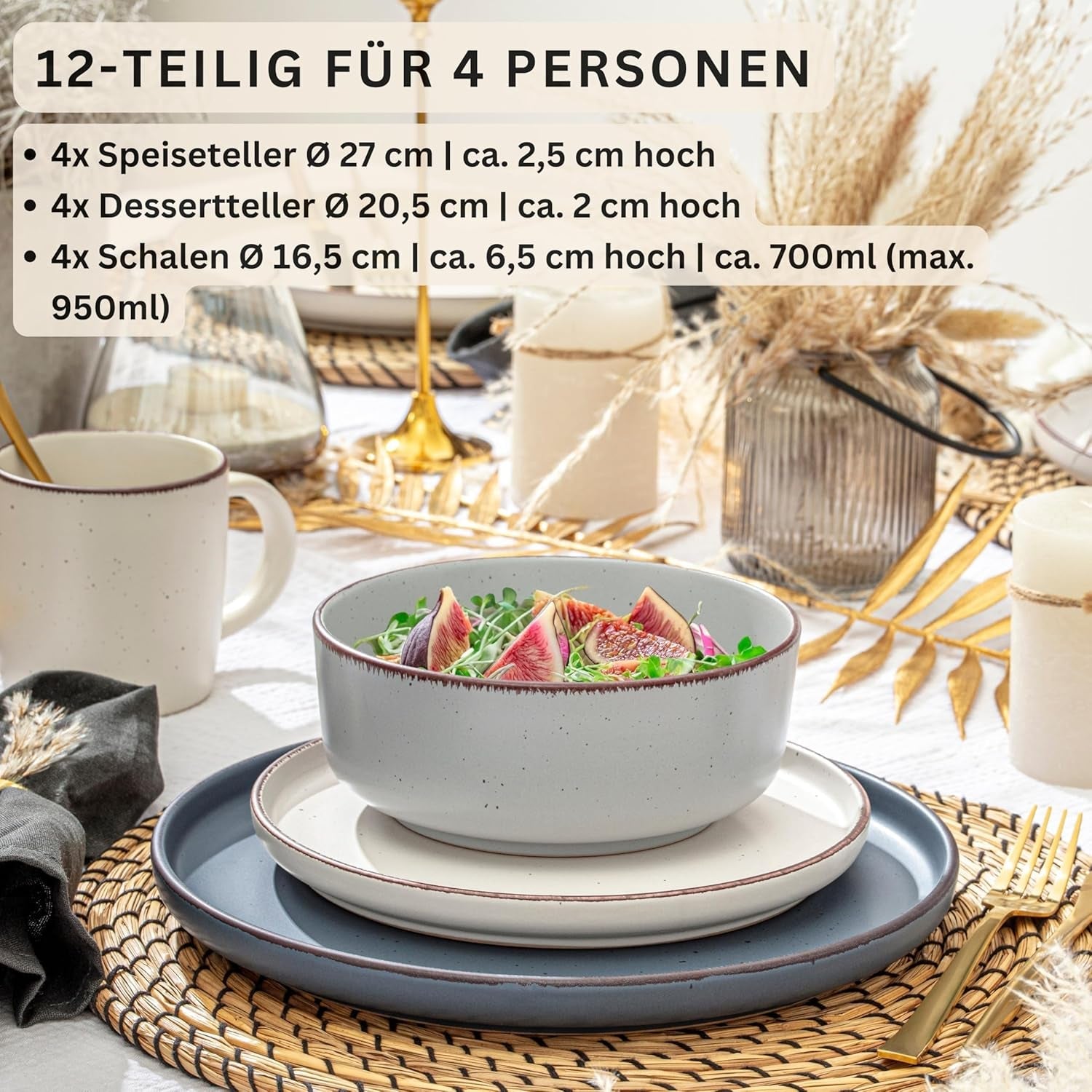 SÄNGER Bombay Moonlight | 12 delar keramiskt servisset för 4, 4 mattallrikar, 4 desserttallrikar, 4 skålar, olika färger | VÄRDESAMLING
