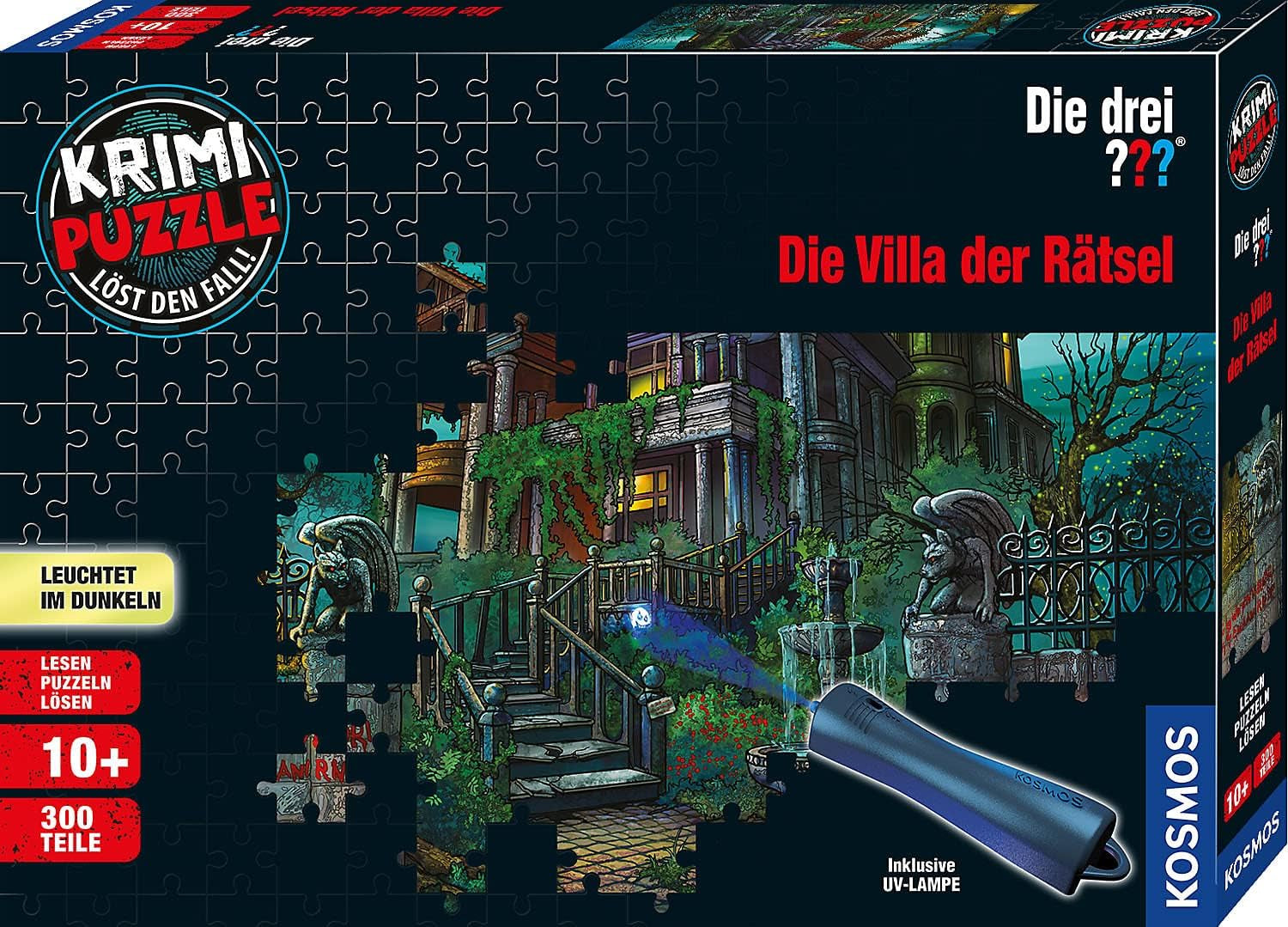 De tre??? - Crime Puzzle - The Villa of the Puzzles Av KOSMOS 697976, 300 bitar, Glow in the Dark, Med UV-lampa, Läsning, Pussel, Pussellösning, Detektivpussel från 10 år Pussel Naty Shop Standardtitel