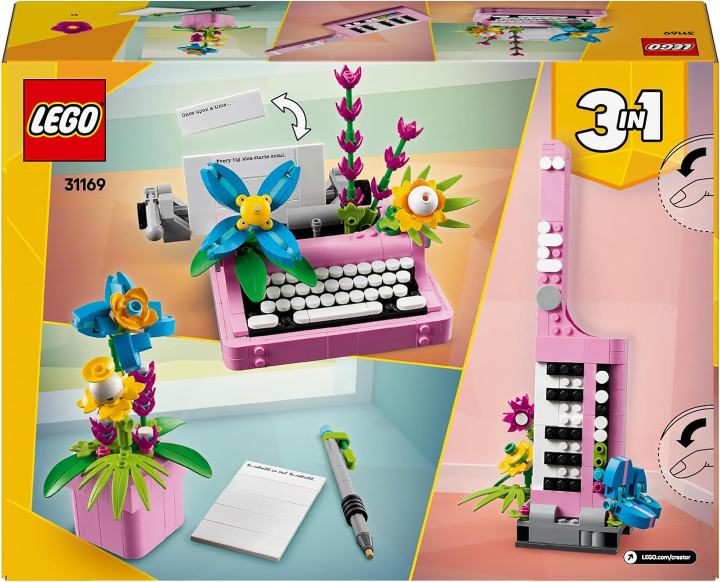 LEGO Creator 3In1 skrivmaskin med blommor - konvertibel leksak till en Keytar-modell eller till en blomkruka med anteckningsbok och penna - byggset - present till flickor och pojkar från 8 år 31169 Byggset Besuche den LEGO-Store