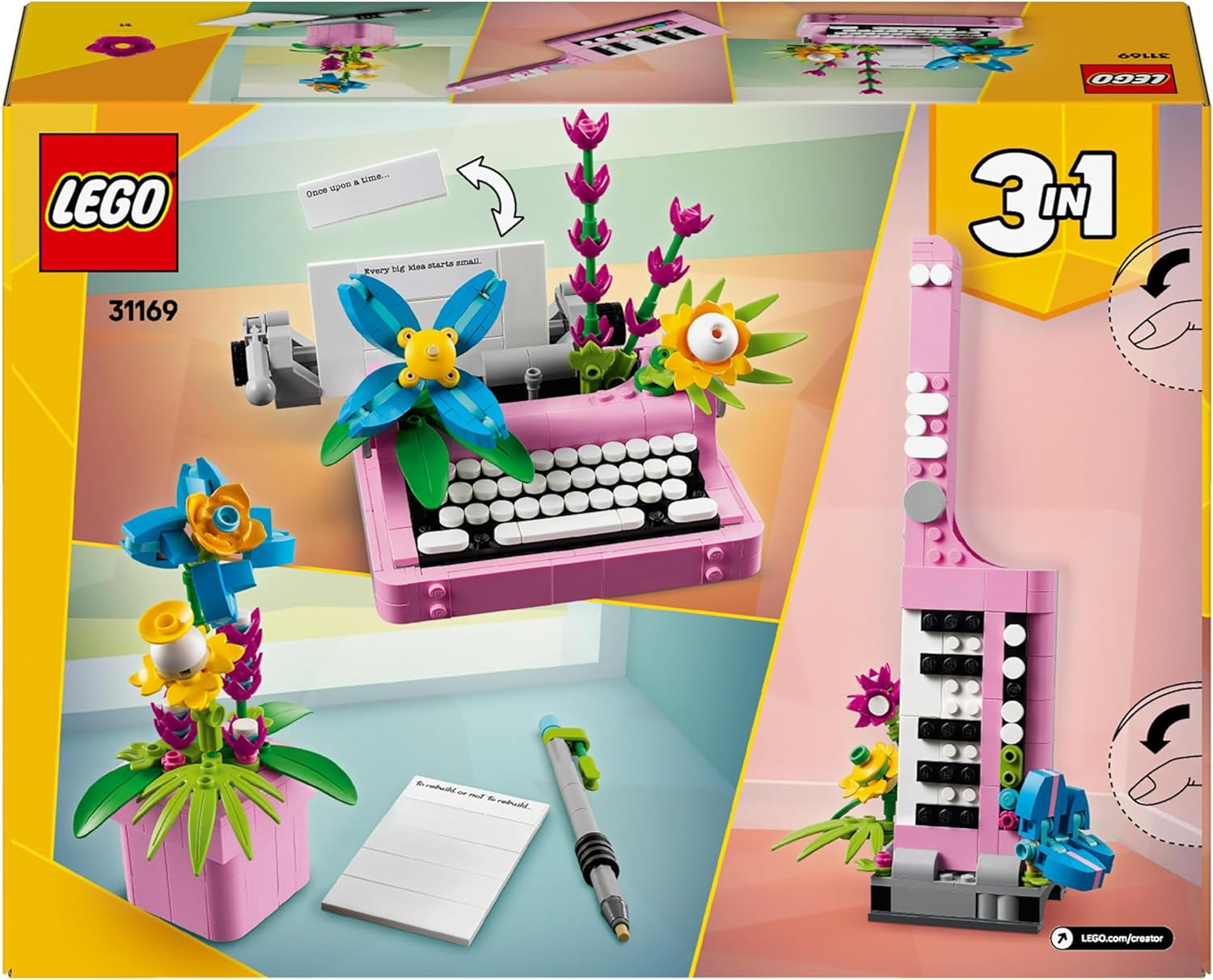 LEGO Creator 3In1 skrivmaskin med blommor - konvertibel leksak till en Keytar-modell eller till en blomkruka med anteckningsbok och penna - byggset - present till flickor och pojkar från 8 år 31169 Byggset Besuche den LEGO-Store