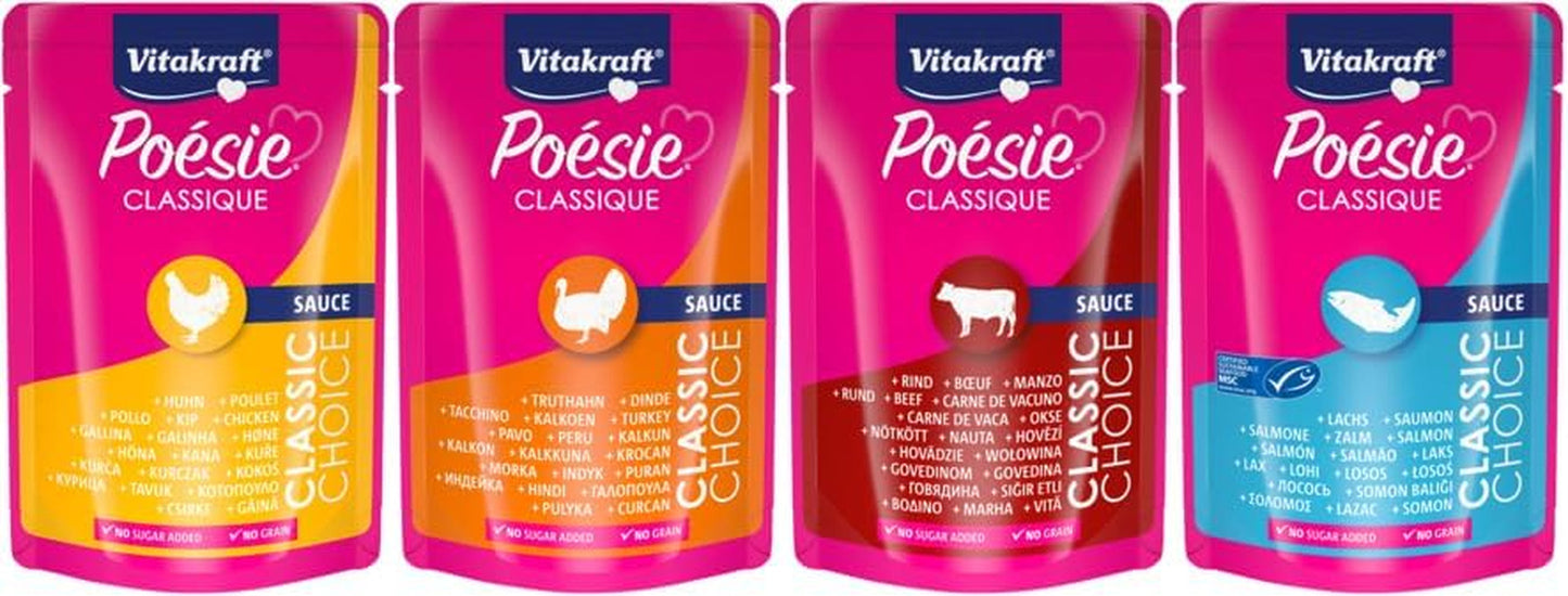 Vitakraft Poésie Classique, våt kattmat, kattmat i sås, med kyckling, med kalkon, med nötkött, med lax, utan tillsatt socker och flingor (1 förpackning om 12 x 85g)