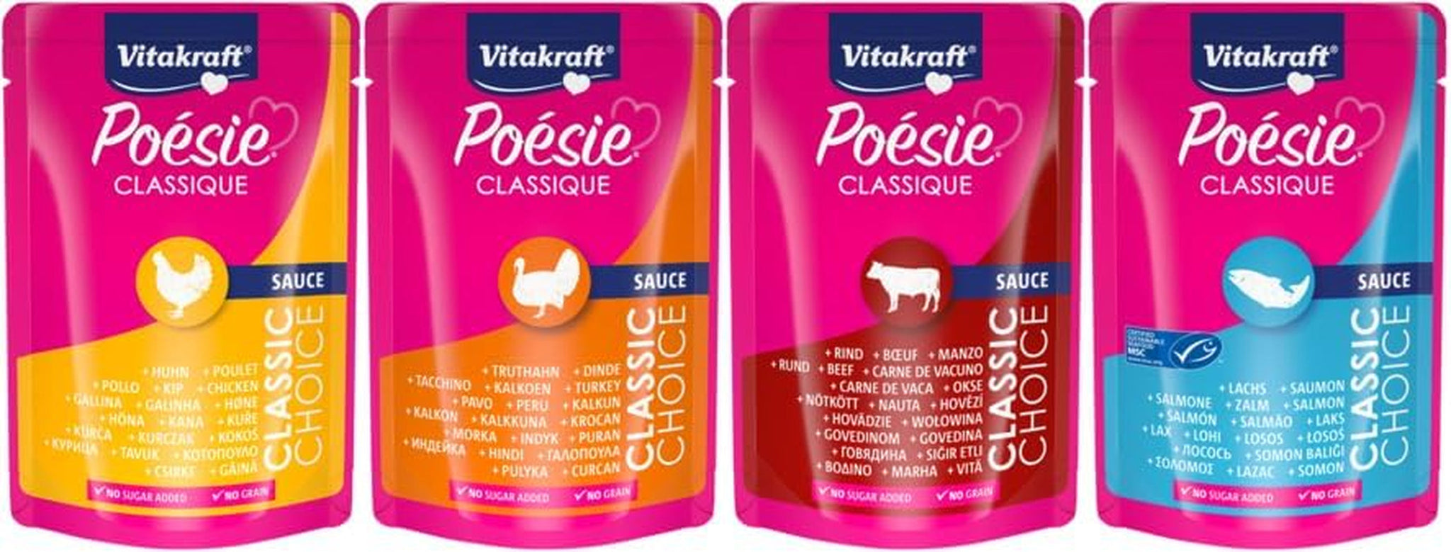 Vitakraft Poésie Classique, våt kattmat, kattmat i sås, med kyckling, med kalkon, med nötkött, med lax, utan tillsatt socker och flingor (1 förpackning om 12 x 85g)