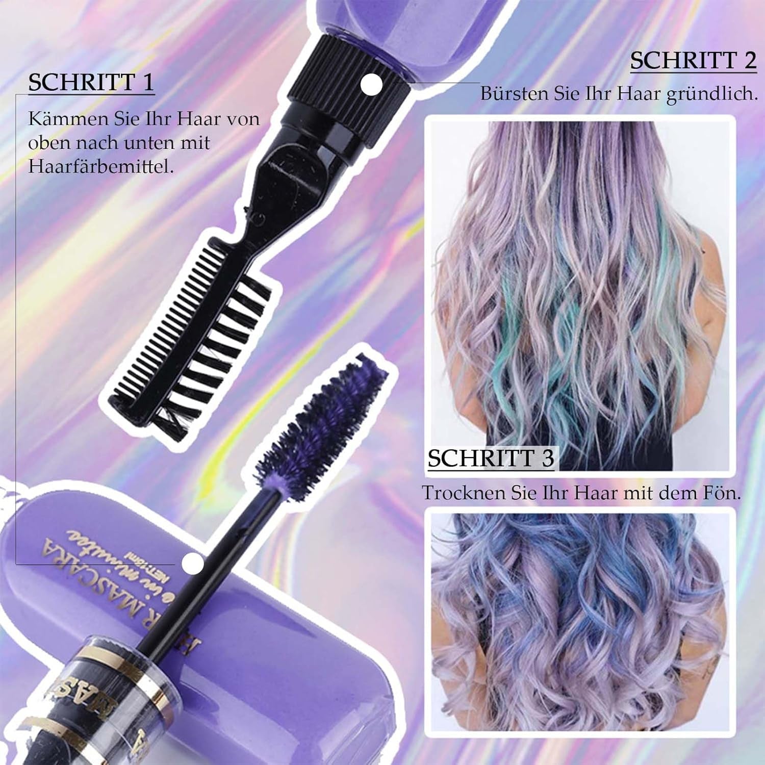 Instant Hair Dye 6 Colors Temporary Hair Mascara för flickor och kvinnor Tvättbart hår Krita Rainbow Hair Mascara Hårfärgning för Carnival Halloween Cosplay Party Födelsedag (A) Naty Shop Hårfärgning
