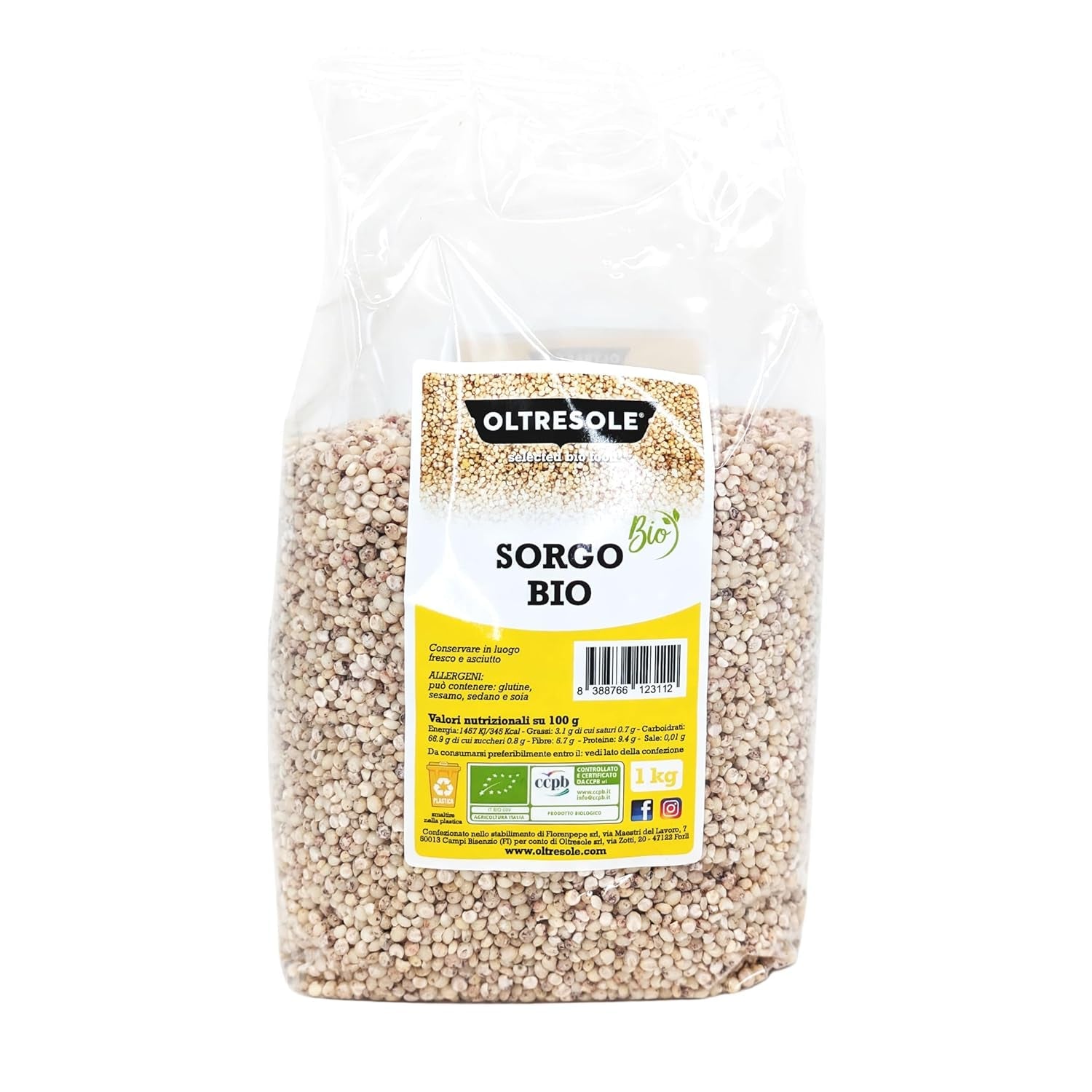 Ekologisk vit sorghum, 1 kg, skal, råsäd, ekologiskt odlad i Italien, perfekt paket för familjen