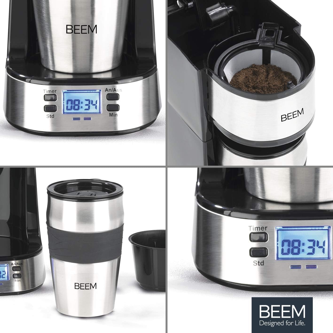BEEM THERMO 2 GO enkelfilter espressomaskin med 0,4 l termokopp | Permanent filter | Med 24-timmars timer för en varm kopp kaffe på morgonen, ingen väntan | 750 W