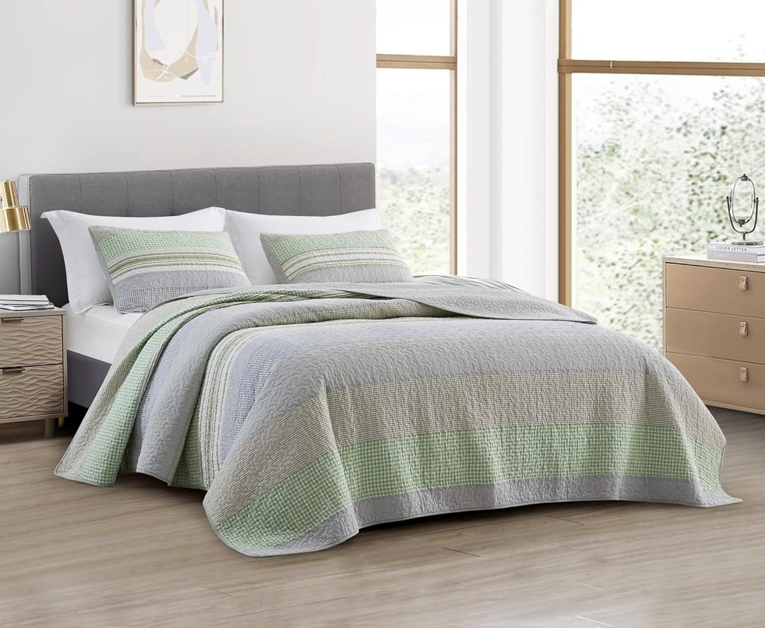 Chezmoi Collection Addy Patchwork Quilt Set Förtvättad bomull Lätt Vändbar All Seasons Oversized 3 delar Marinblå Vit Grå Taupe Pläd Quilts & Quilts Naty Shop Pläd Candy Stripes Patchwork Grön Grå Queen