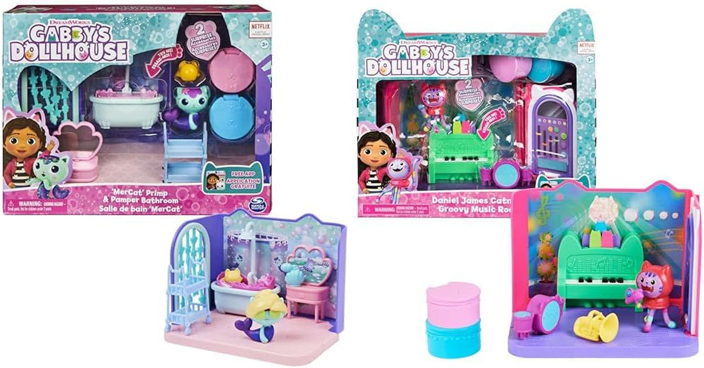 Rum Gabby's Dollhouse Deluxe, Groovy Music Room och Deluxe Room, Elegant Pampering Bath, Sea Kitten Bath