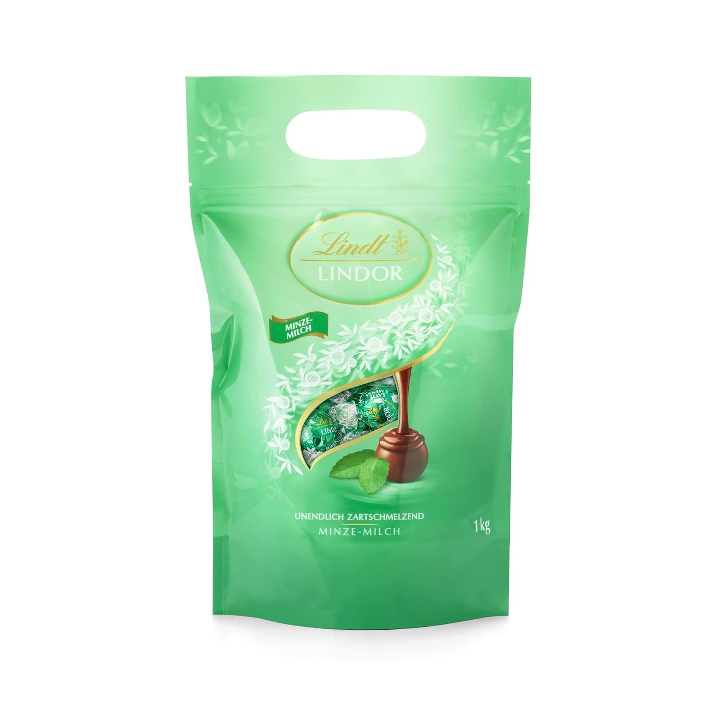 LINDOR vita chokladbollar, 1 kg och LINDOR | 1 kg återförslutningsbar påse | ca. 80 mjölkchokladbollar med myntafyllning | Bulkpaket, pralinpresent, chokladpresent